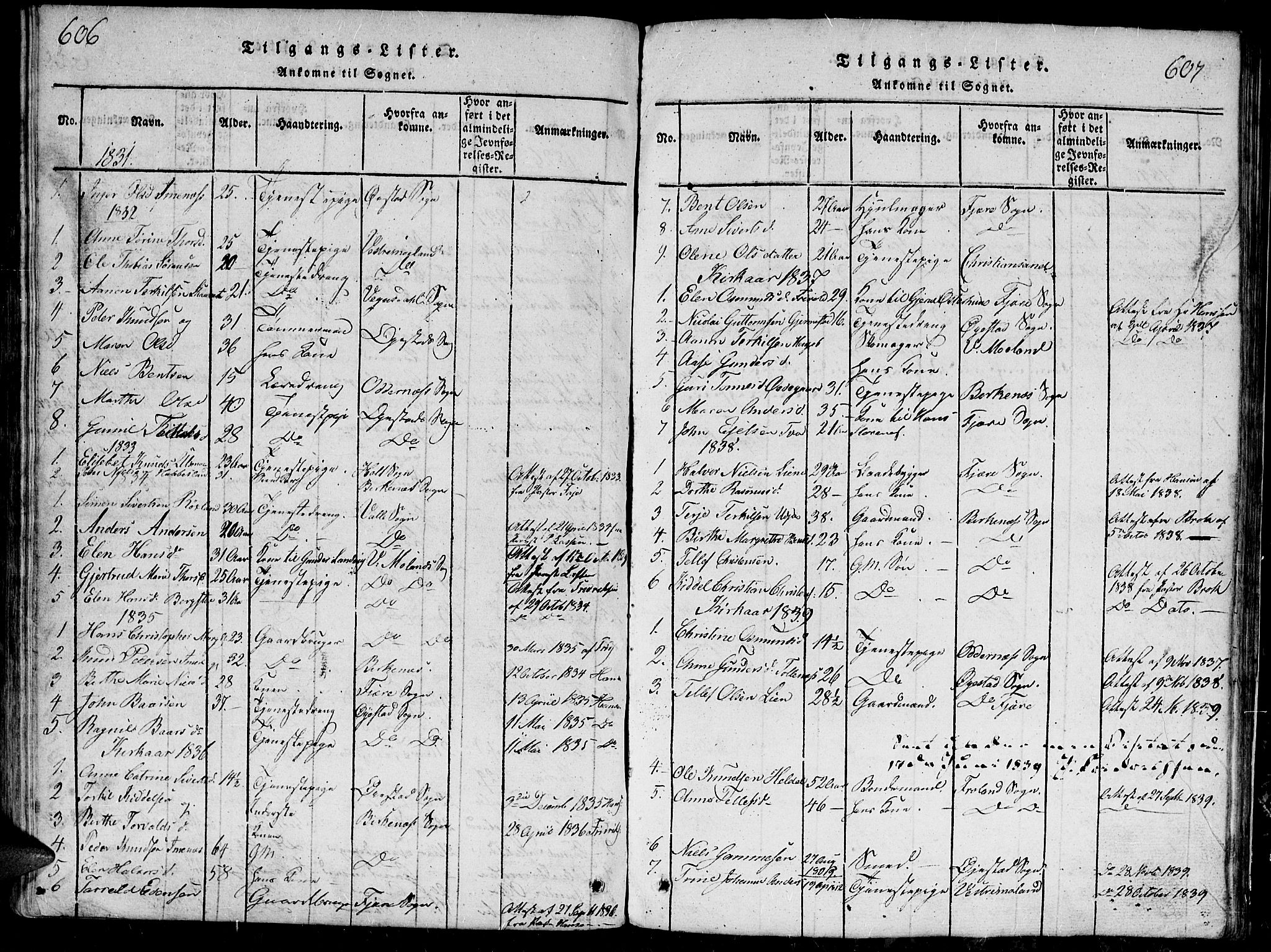 Hommedal sokneprestkontor, AV/SAK-1111-0023/F/Fb/Fbb/L0003: Parish register (copy) no. B 3 /1, 1816-1850, p. 606-607