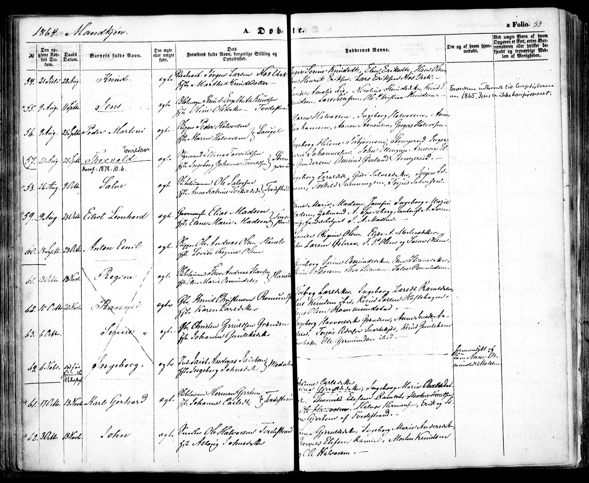 Holt sokneprestkontor, AV/SAK-1111-0021/F/Fa/L0009: Parish register (official) no. A 9, 1861-1871, p. 54