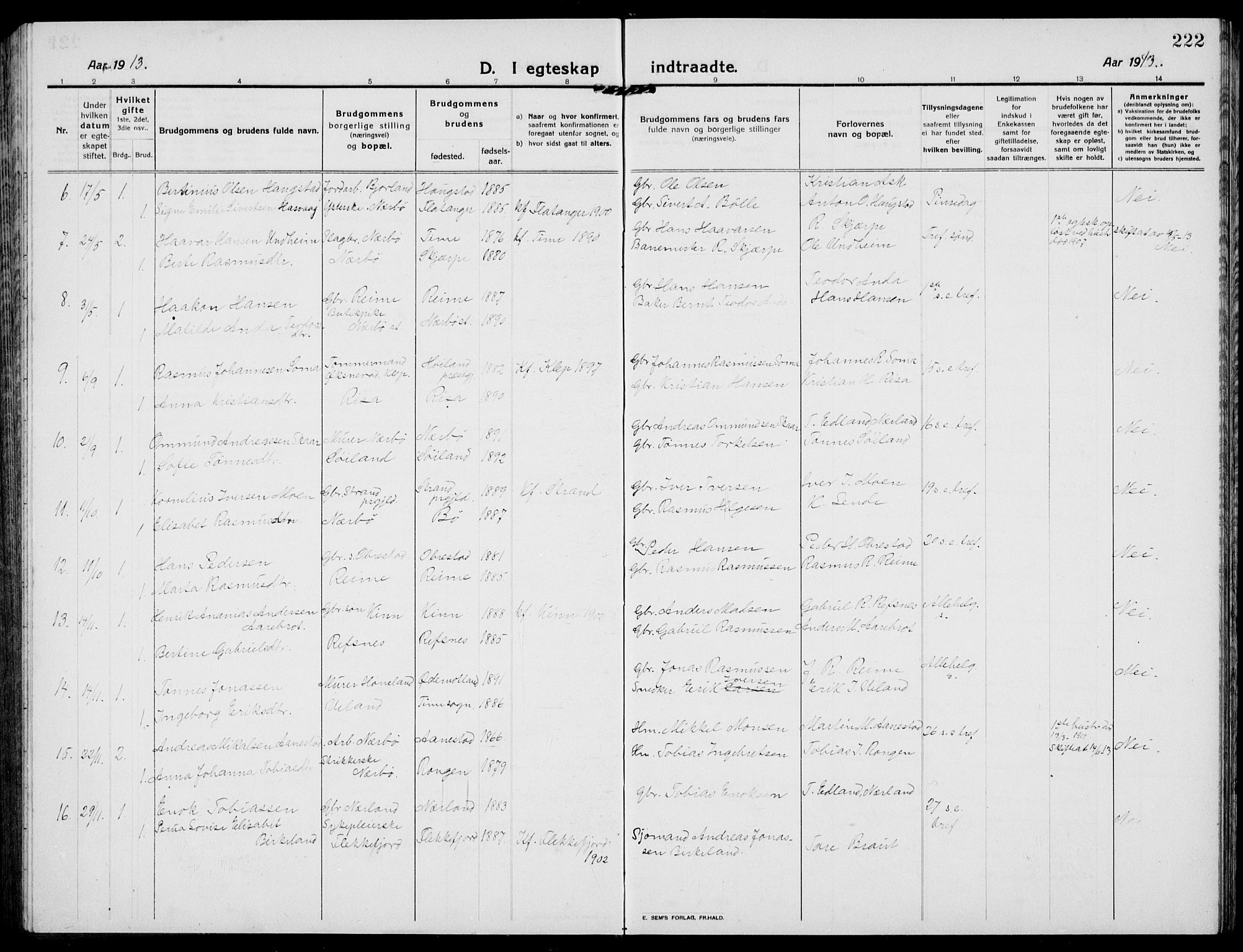 Hå sokneprestkontor, AV/SAST-A-101801/001/30BB/L0007: Parish register (copy) no. B 7, 1912-1939, p. 222