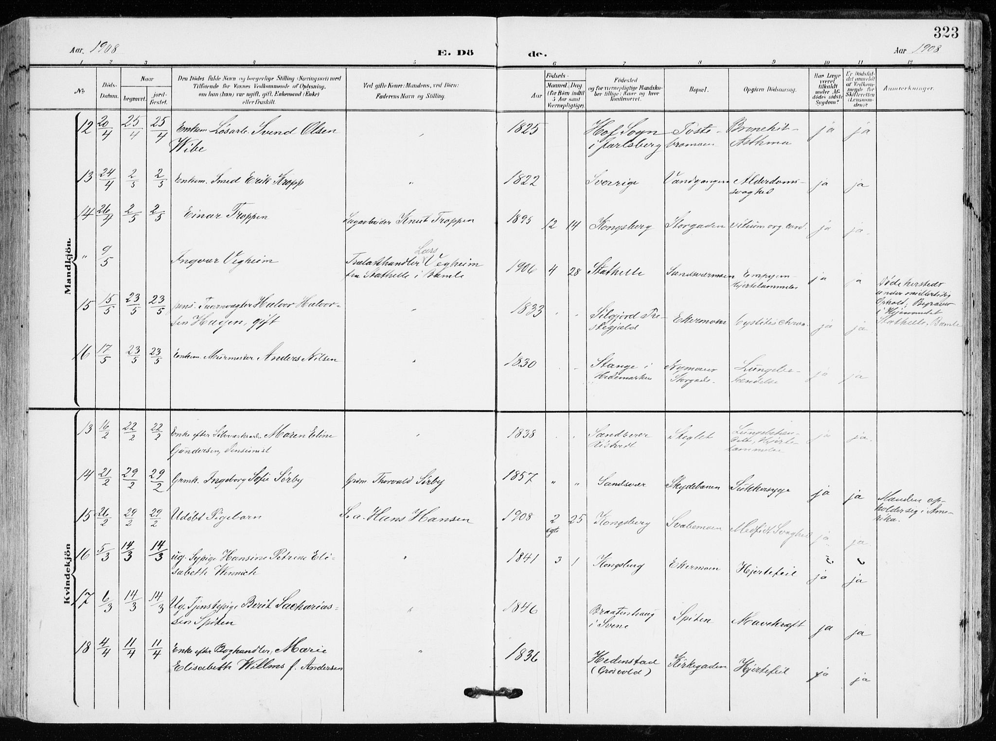 Kongsberg kirkebøker, AV/SAKO-A-22/F/Fb/L0004: Parish register (official) no. II 4, 1906-1918, p. 323