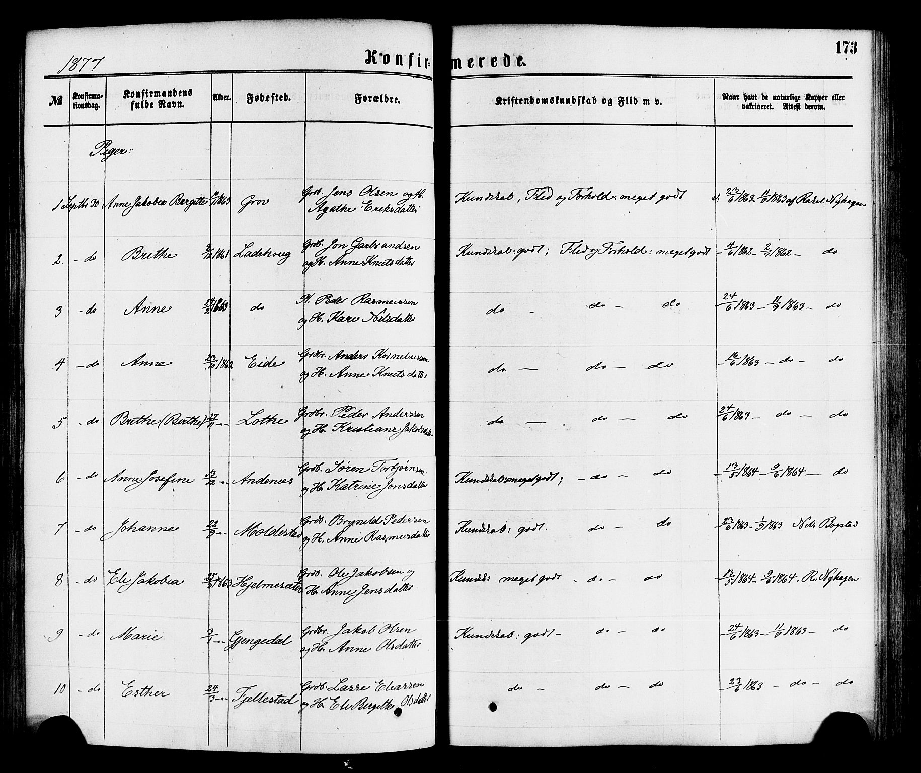 Gloppen sokneprestembete, AV/SAB-A-80101/H/Haa/Haaa/L0010: Parish register (official) no. A 10, 1871-1884, p. 173