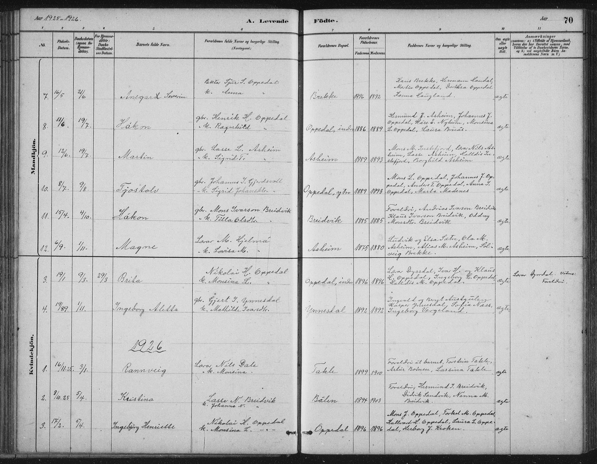 Gulen sokneprestembete, AV/SAB-A-80201/H/Hab/Habc/L0002: Parish register (copy) no. C 2, 1880-1938, p. 70