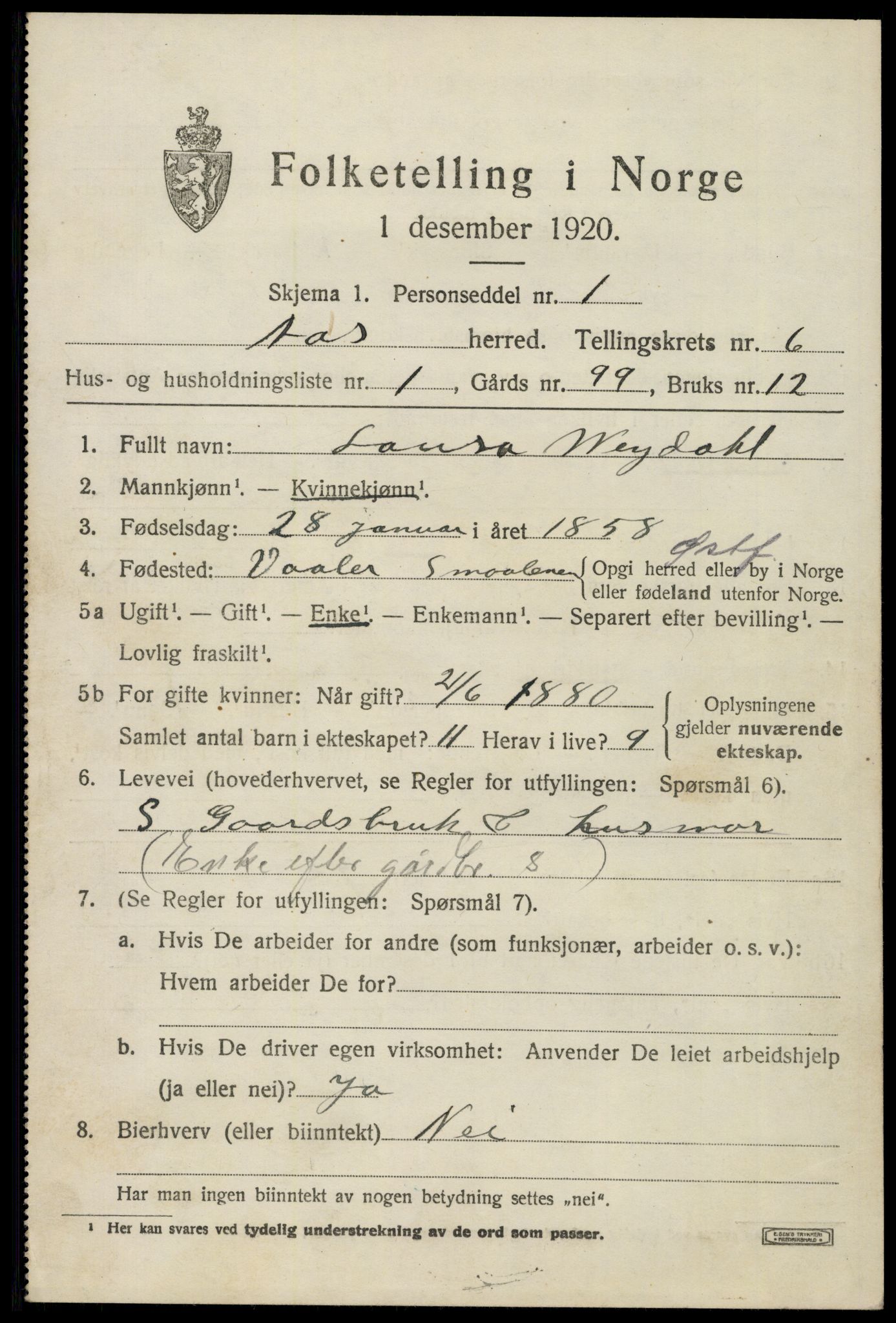 SAO, 1920 census for Ås, 1920, p. 6840