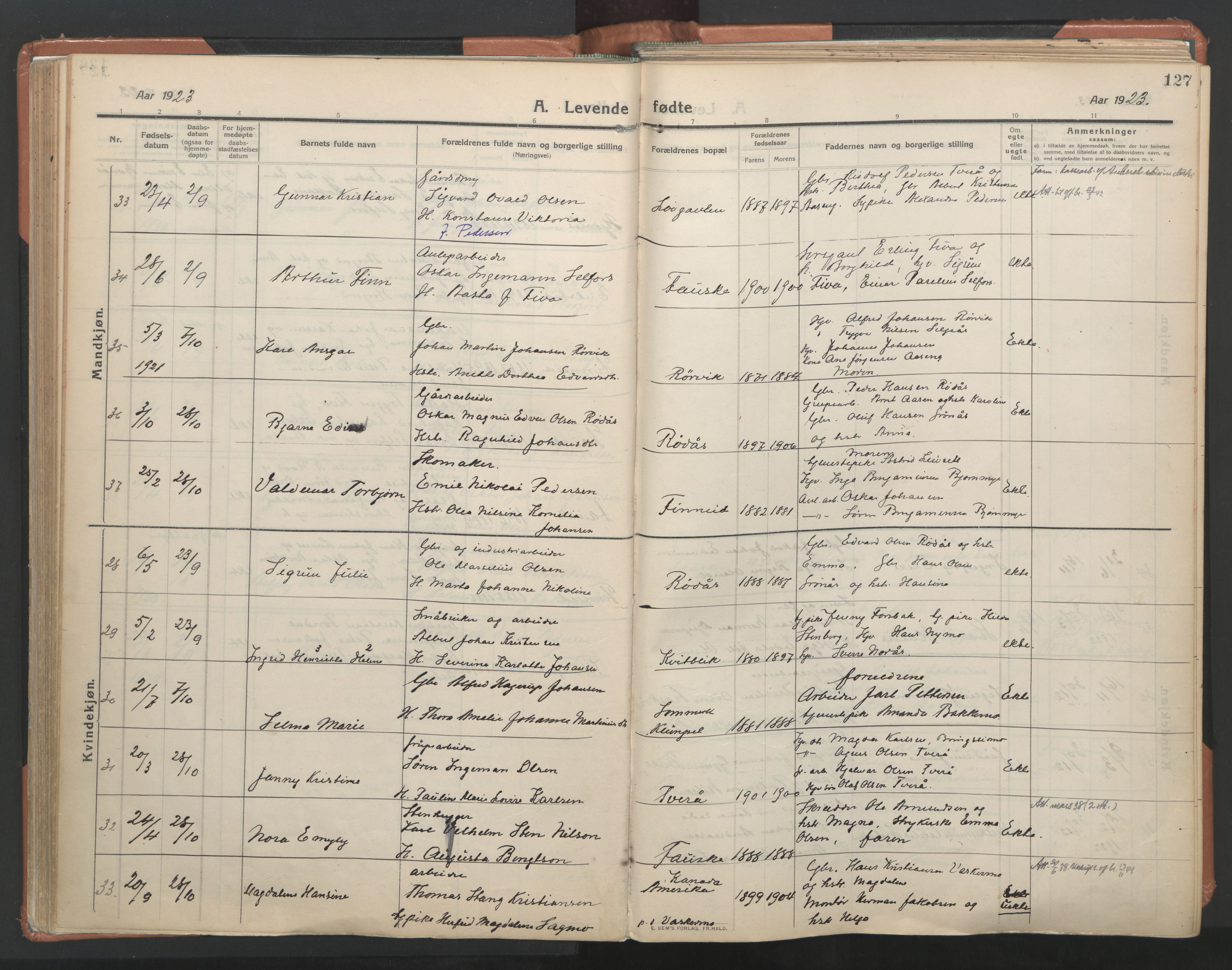 Ministerialprotokoller, klokkerbøker og fødselsregistre - Nordland, AV/SAT-A-1459/849/L0698: Parish register (official) no. 849A09, 1911-1924, p. 127