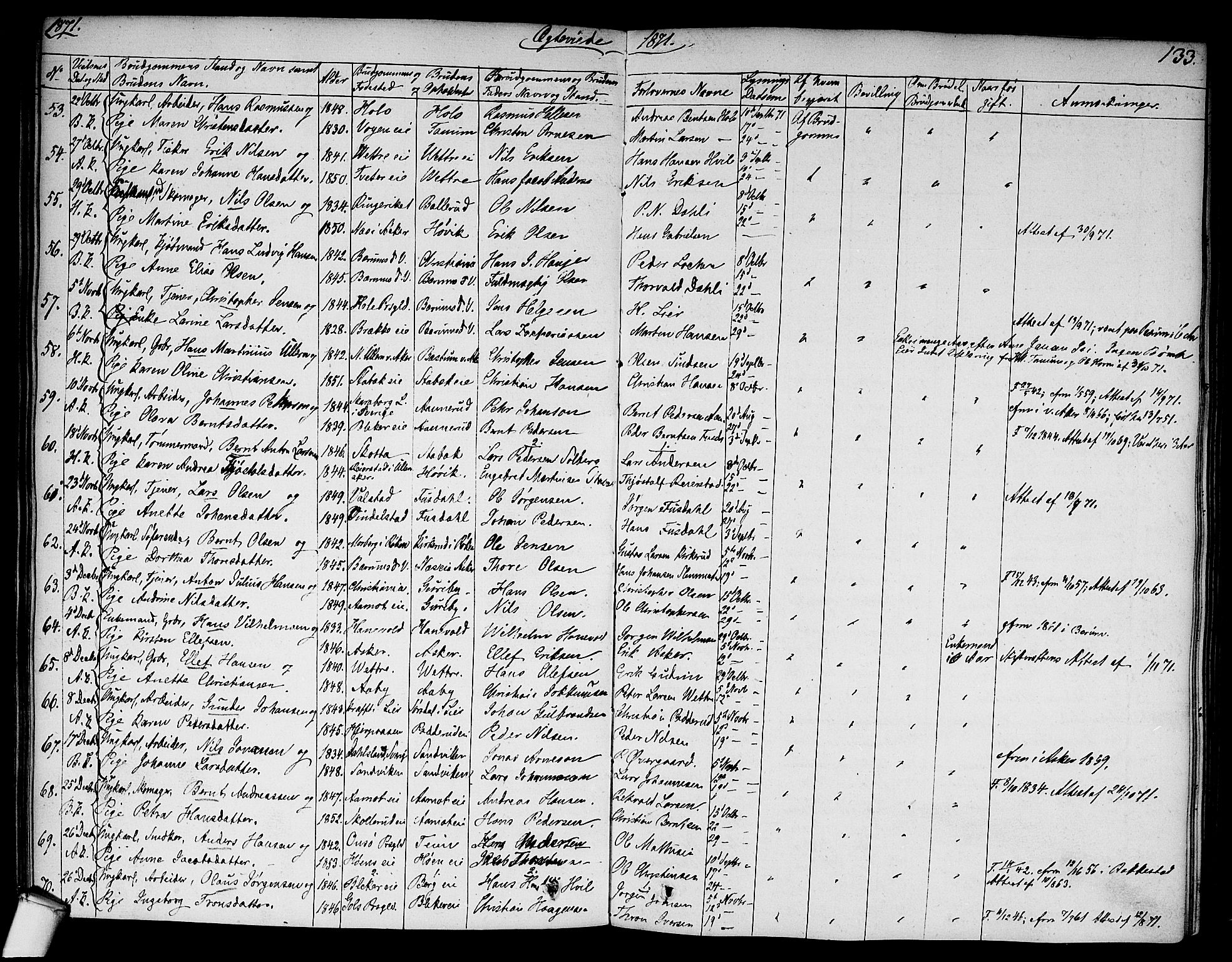 Asker prestekontor Kirkebøker, SAO/A-10256a/F/Fa/L0010: Parish register (official) no. I 10, 1825-1878, p. 133