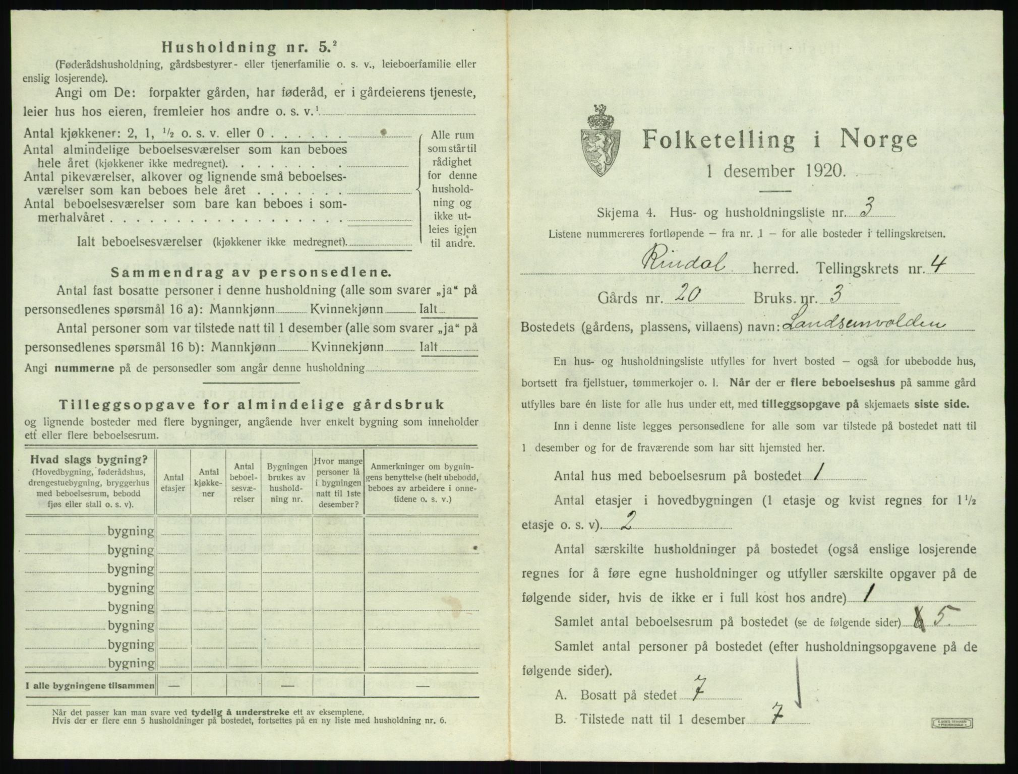 SAT, 1920 census for Rindal, 1920, p. 294