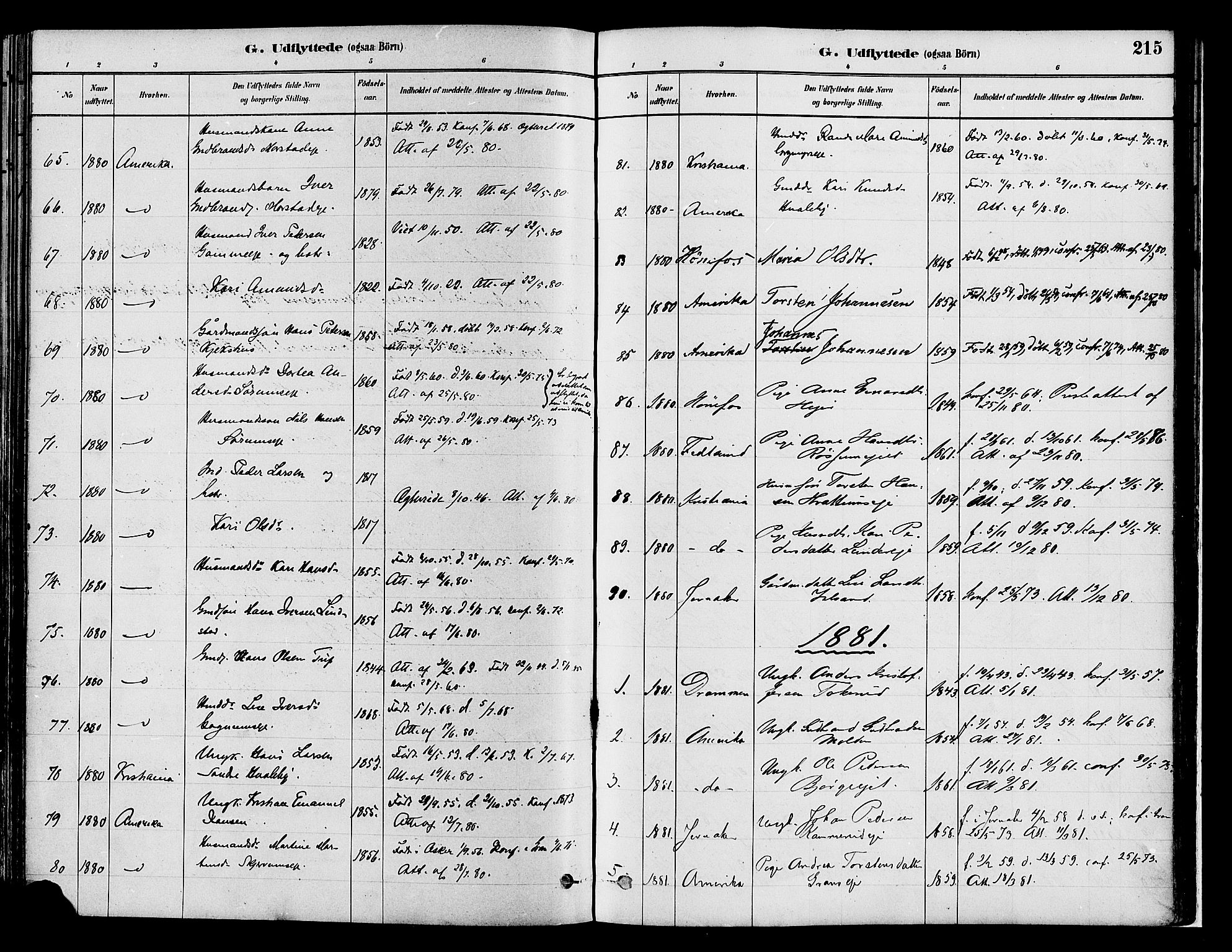 Gran prestekontor, SAH/PREST-112/H/Ha/Haa/L0014: Parish register (official) no. 14, 1880-1889, p. 215