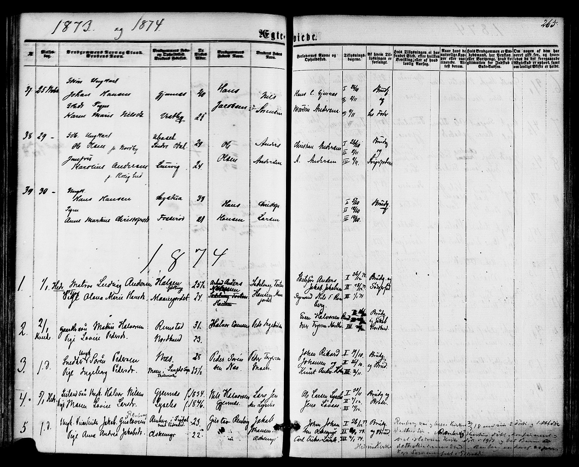 Hedrum kirkebøker, AV/SAKO-A-344/F/Fa/L0008: Parish register (official) no. I 8, 1869-1880, p. 265