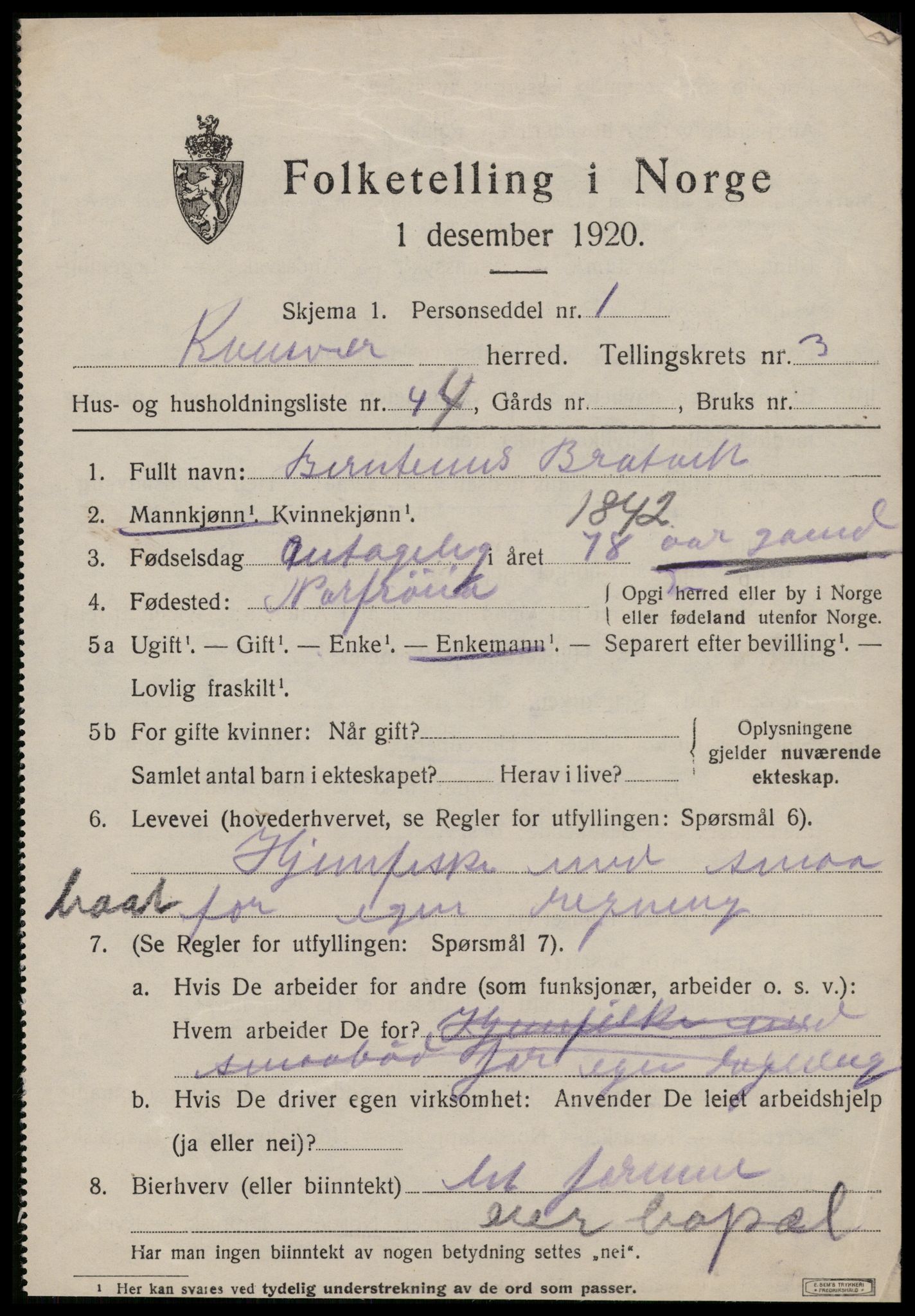 SAT, 1920 census for Kvenvær, 1920, p. 1420