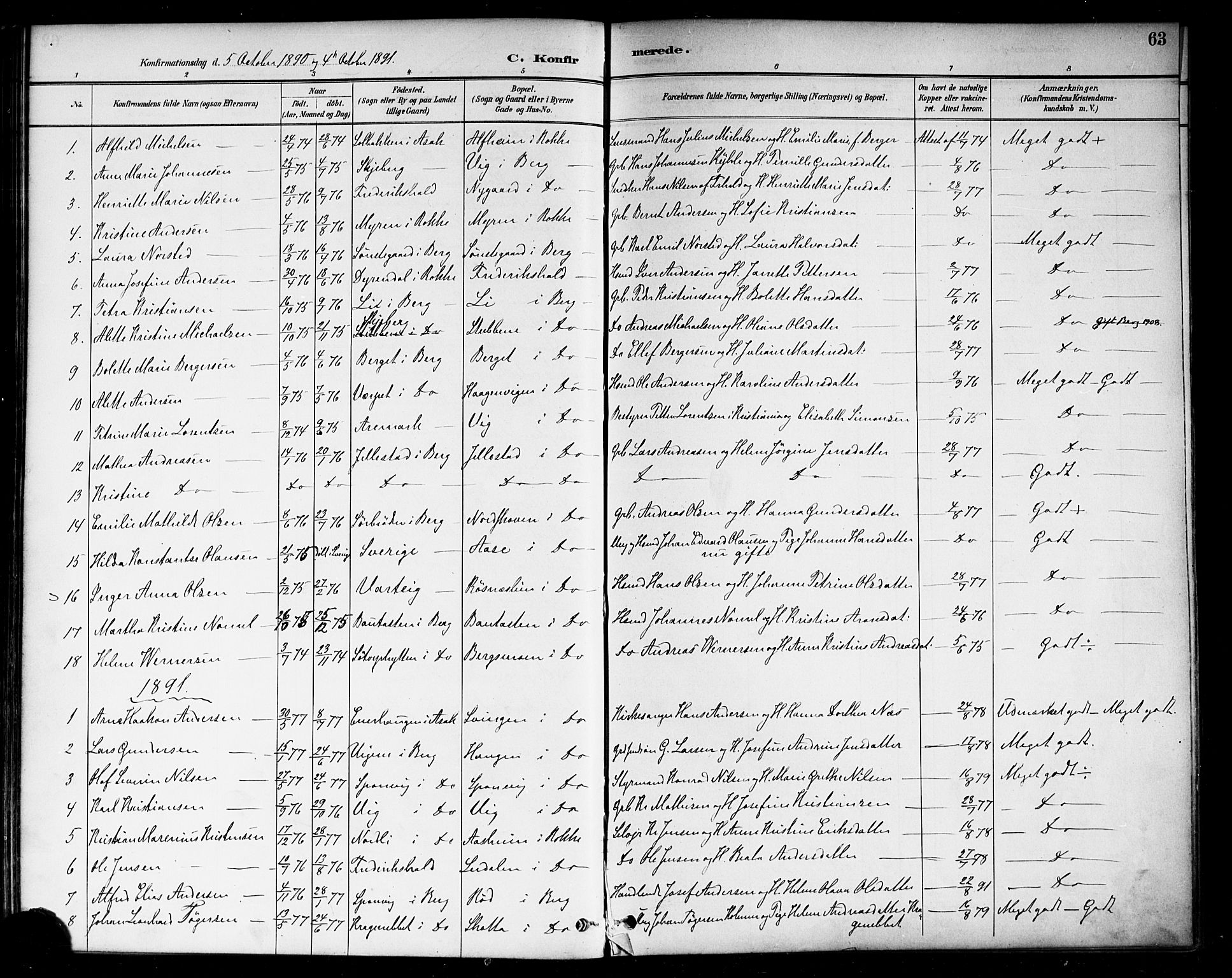 Berg prestekontor Kirkebøker, AV/SAO-A-10902/F/Fa/L0007: Parish register (official) no. I 7, 1888-1902, p. 63