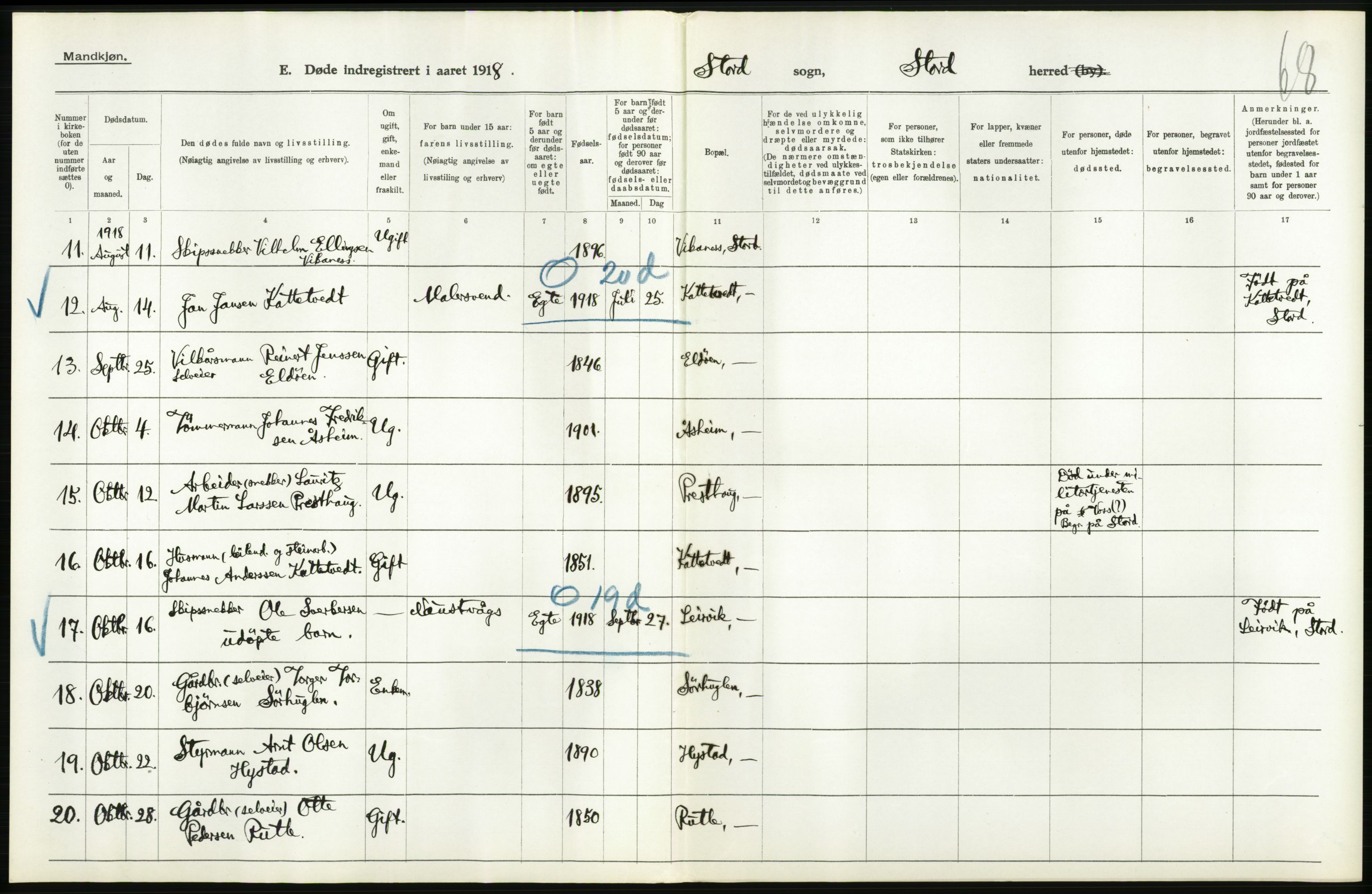 Statistisk sentralbyrå, Sosiodemografiske emner, Befolkning, AV/RA-S-2228/D/Df/Dfb/Dfbh/L0036: Hordaland fylke: Døde., 1918, p. 78