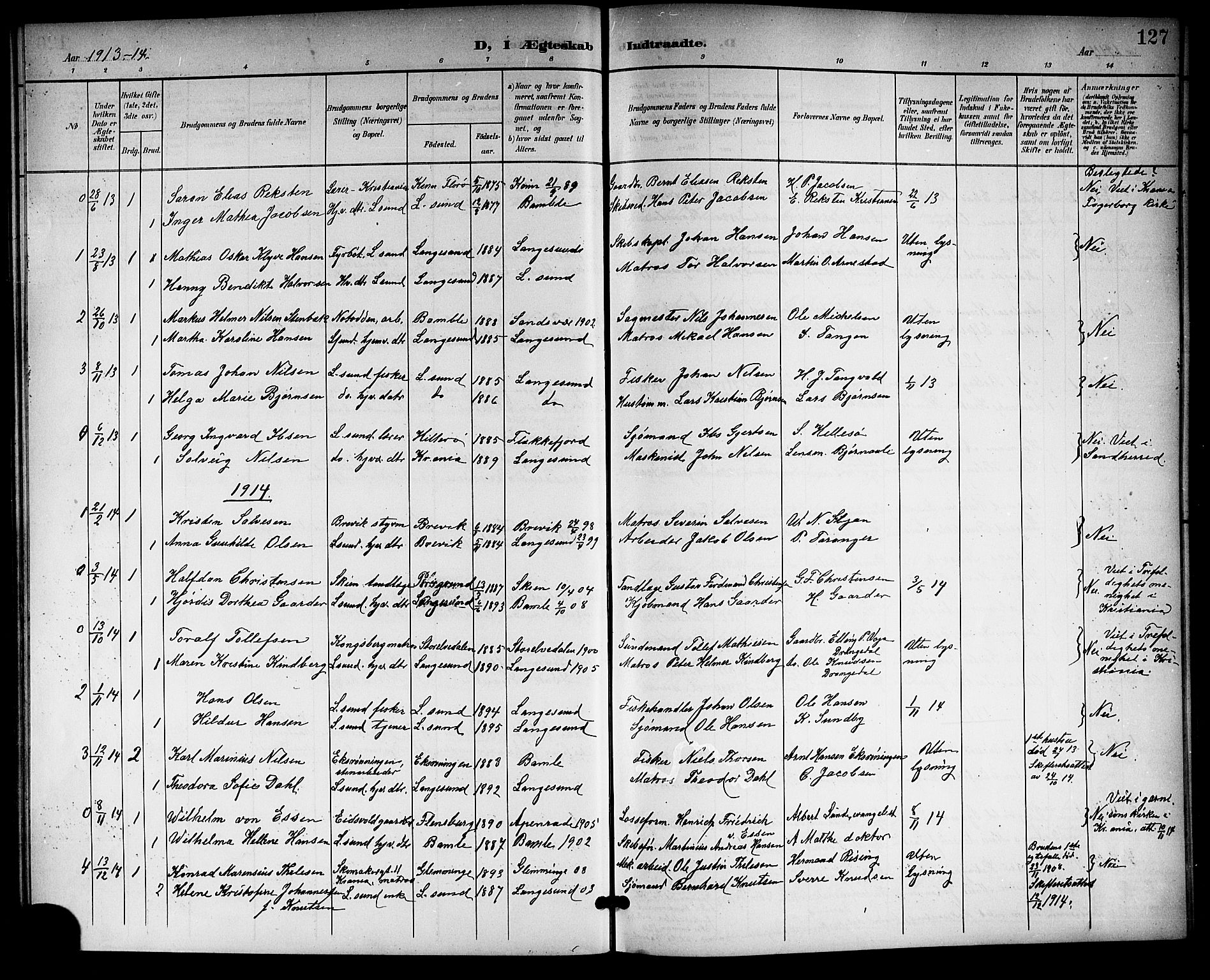 Langesund kirkebøker, SAKO/A-280/G/Ga/L0006: Parish register (copy) no. 6, 1899-1918, p. 127