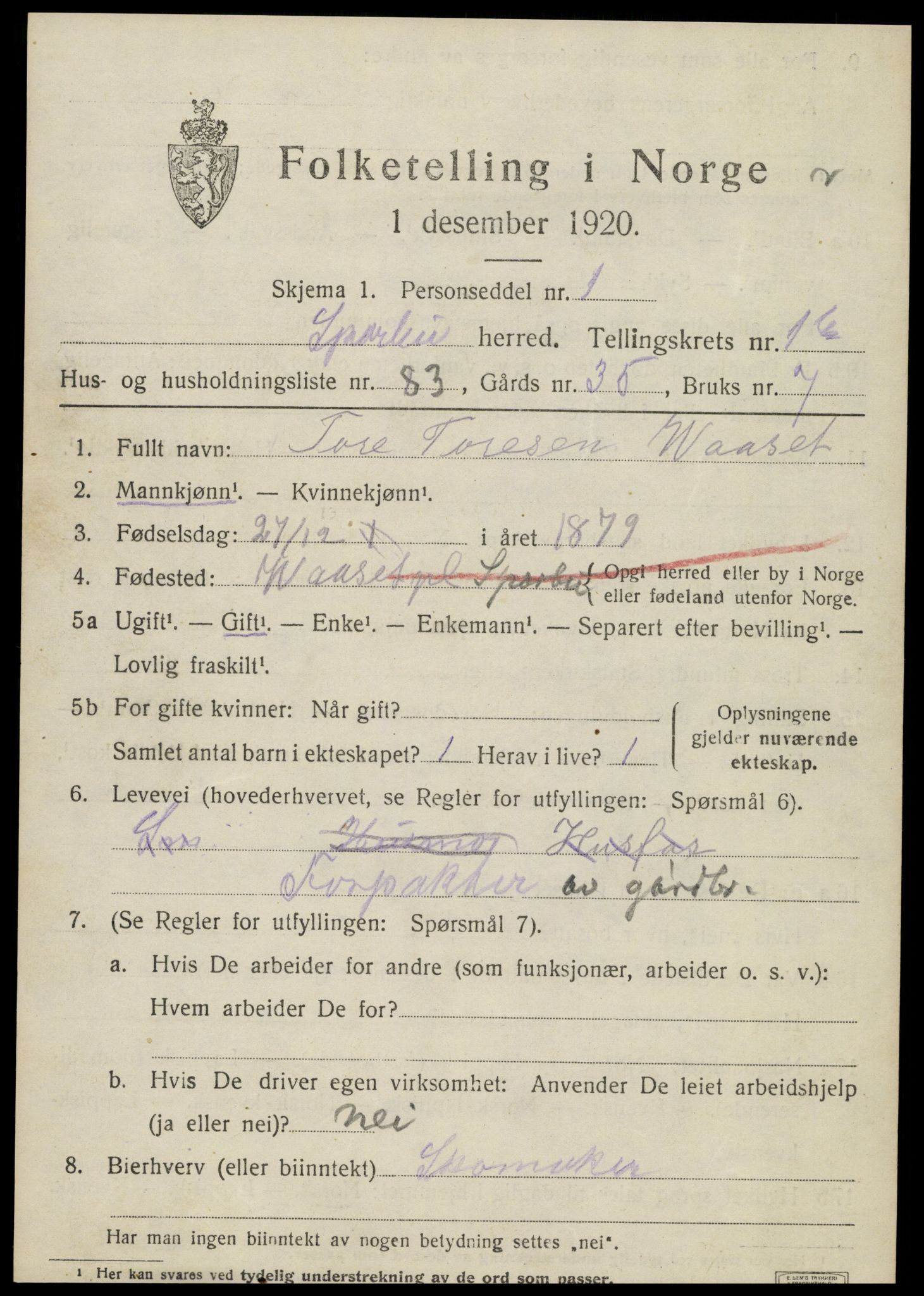 SAT, 1920 census for Sparbu, 1920, p. 3163