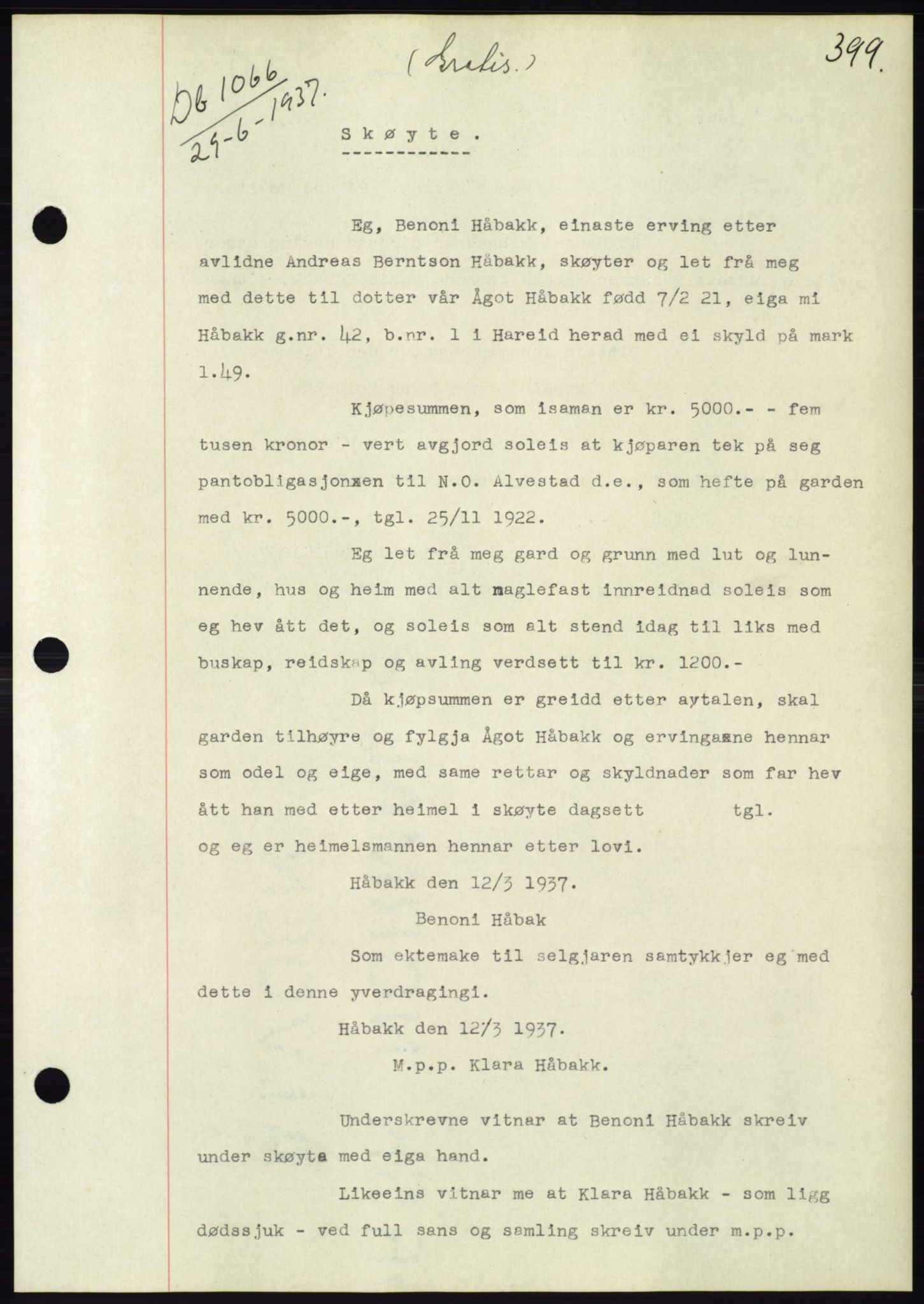 Søre Sunnmøre sorenskriveri, AV/SAT-A-4122/1/2/2C/L0063: Mortgage book no. 57, 1937-1937, Diary no: : 1066/1937