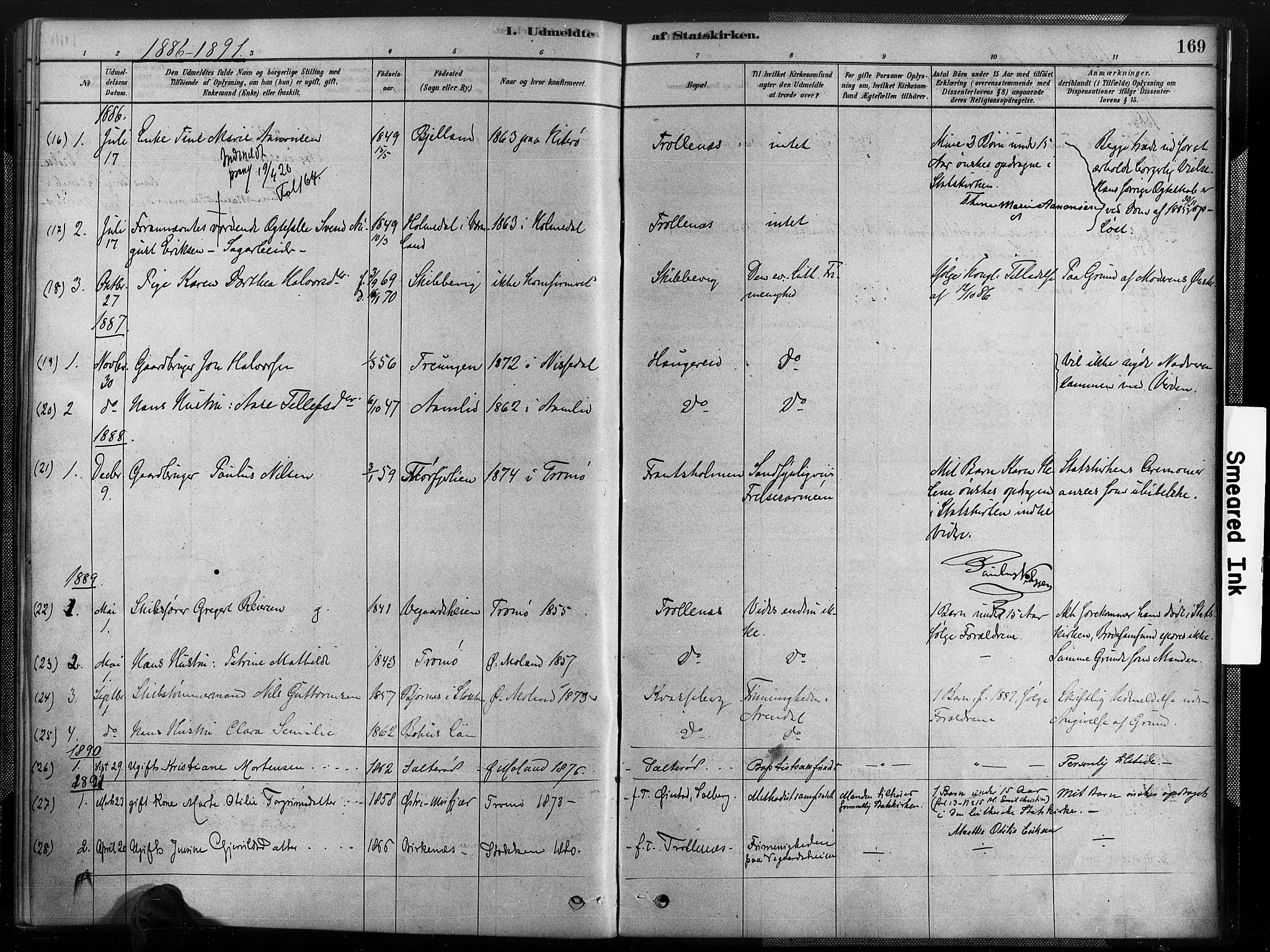 Austre Moland sokneprestkontor, SAK/1111-0001/F/Fa/Fab/L0001: Parish register (official) no. A 1, 1878-1898, p. 169