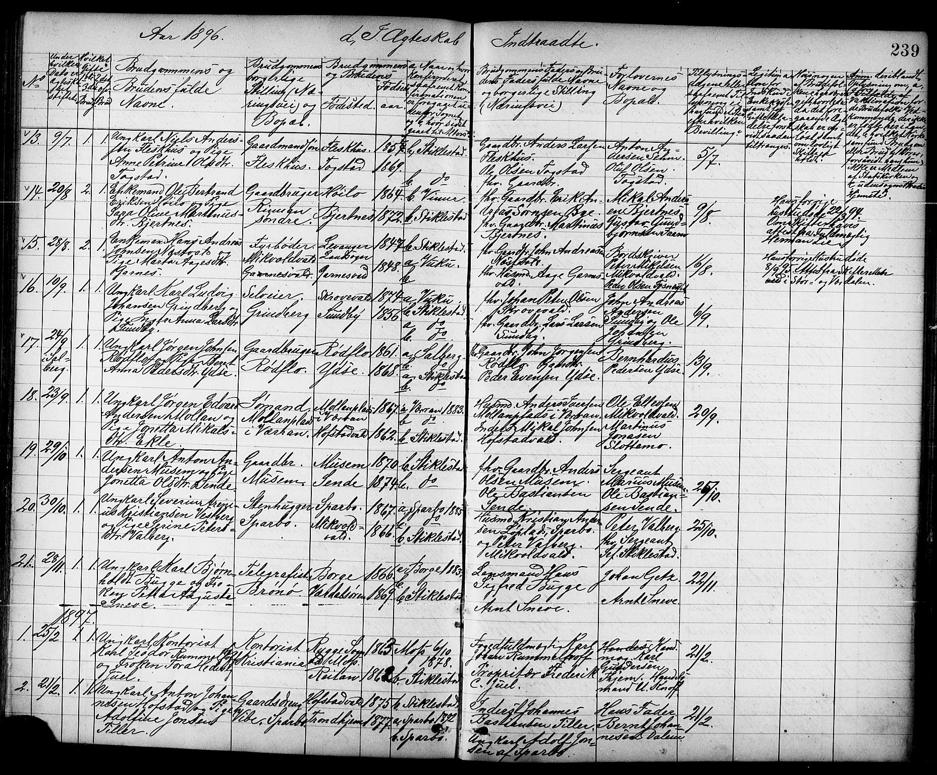 Ministerialprotokoller, klokkerbøker og fødselsregistre - Nord-Trøndelag, SAT/A-1458/723/L0257: Parish register (copy) no. 723C05, 1890-1907, p. 239