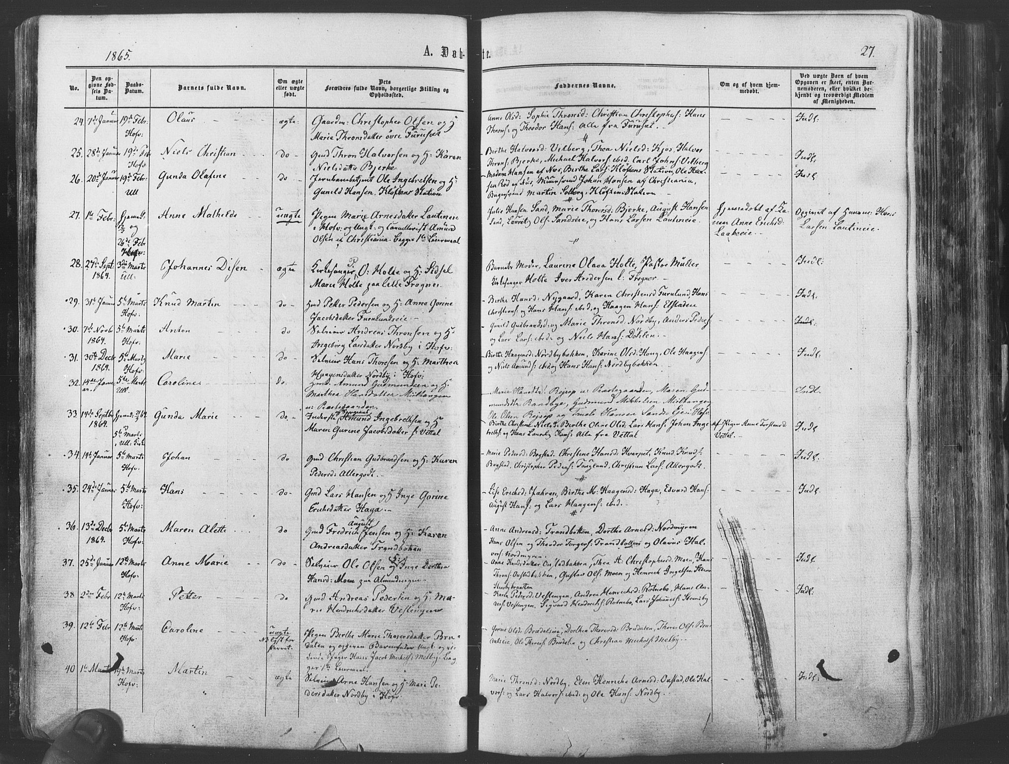 Ullensaker prestekontor Kirkebøker, AV/SAO-A-10236a/F/Fa/L0016: Parish register (official) no. I 16, 1863-1875, p. 27