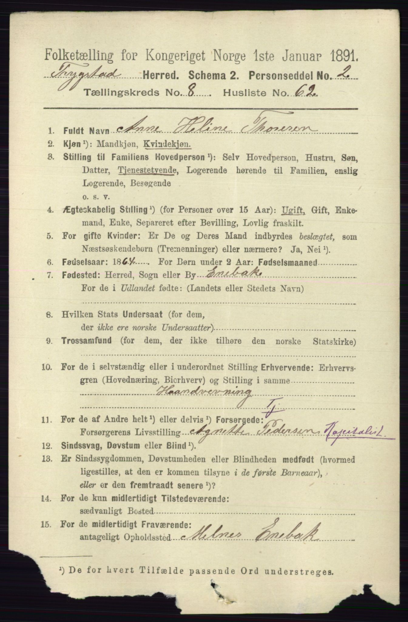 RA, 1891 Census for 0122 Trøgstad, 1891, p. 3828