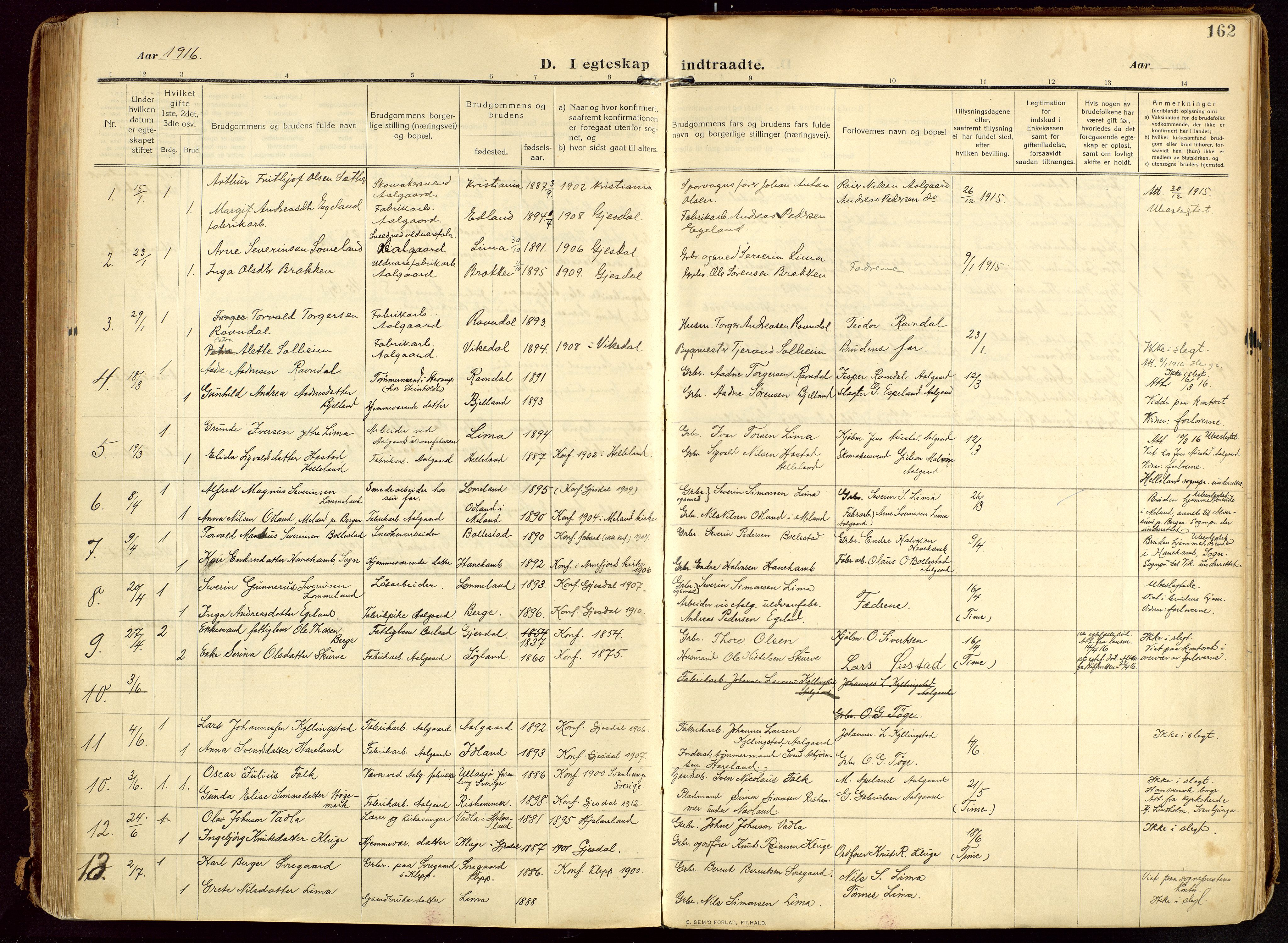 Lye sokneprestkontor, SAST/A-101794/002/B/L0001: Parish register (official) no. A 13, 1910-1925, p. 162