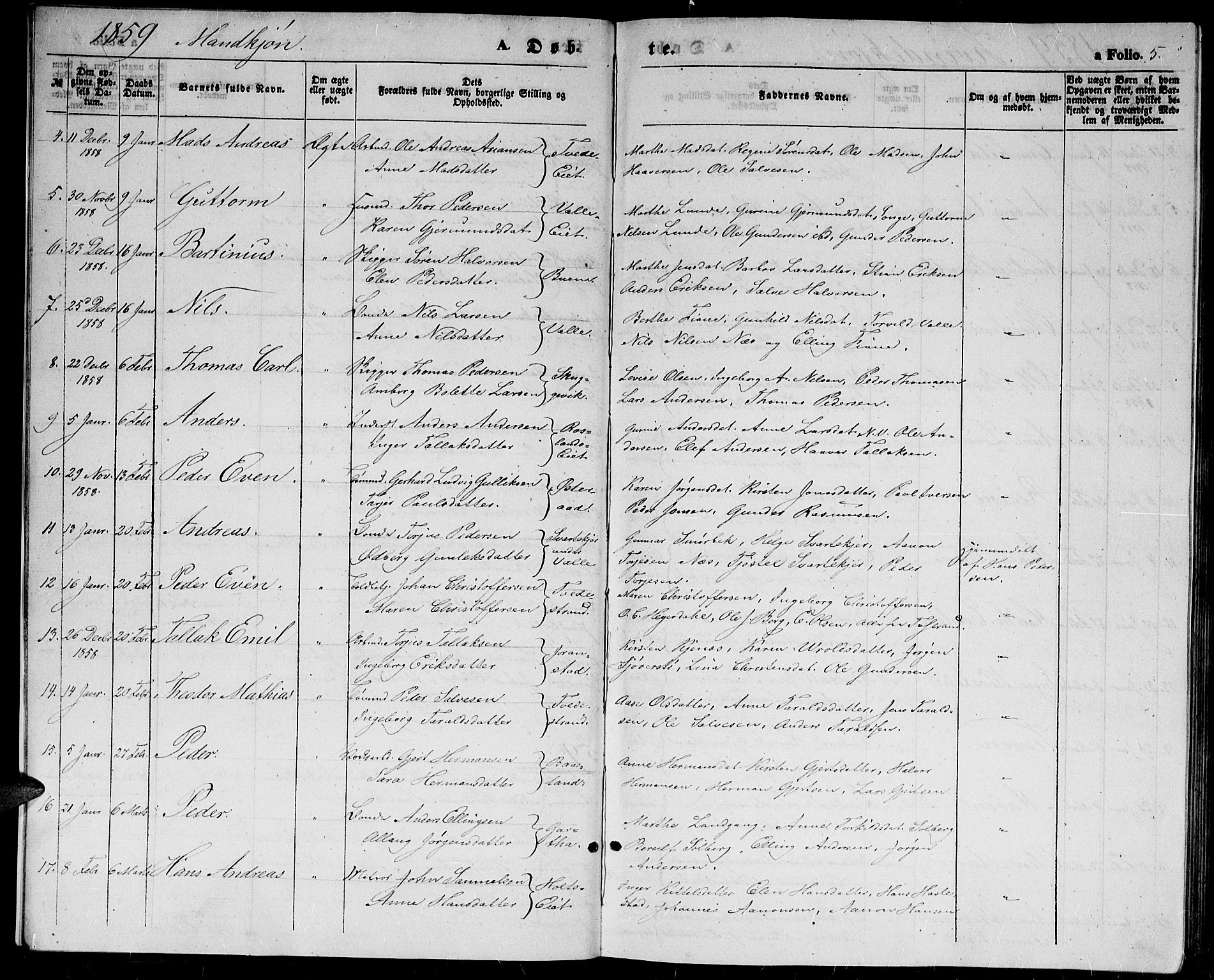 Holt sokneprestkontor, AV/SAK-1111-0021/F/Fb/L0008: Parish register (copy) no. B 8, 1858-1871, p. 5