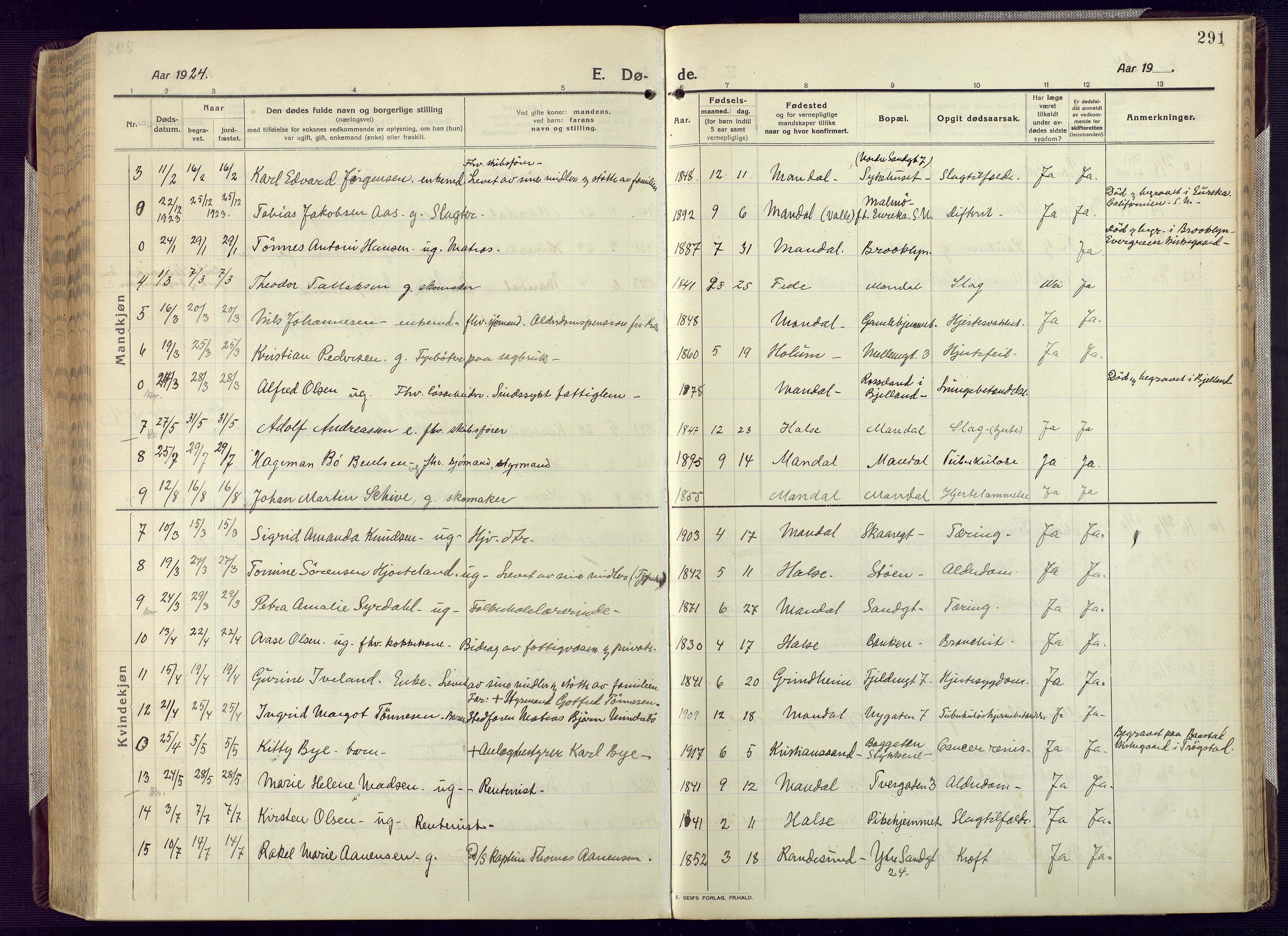 Mandal sokneprestkontor, AV/SAK-1111-0030/F/Fa/Fac/L0001: Parish register (official) no. A 1, 1913-1925, p. 291