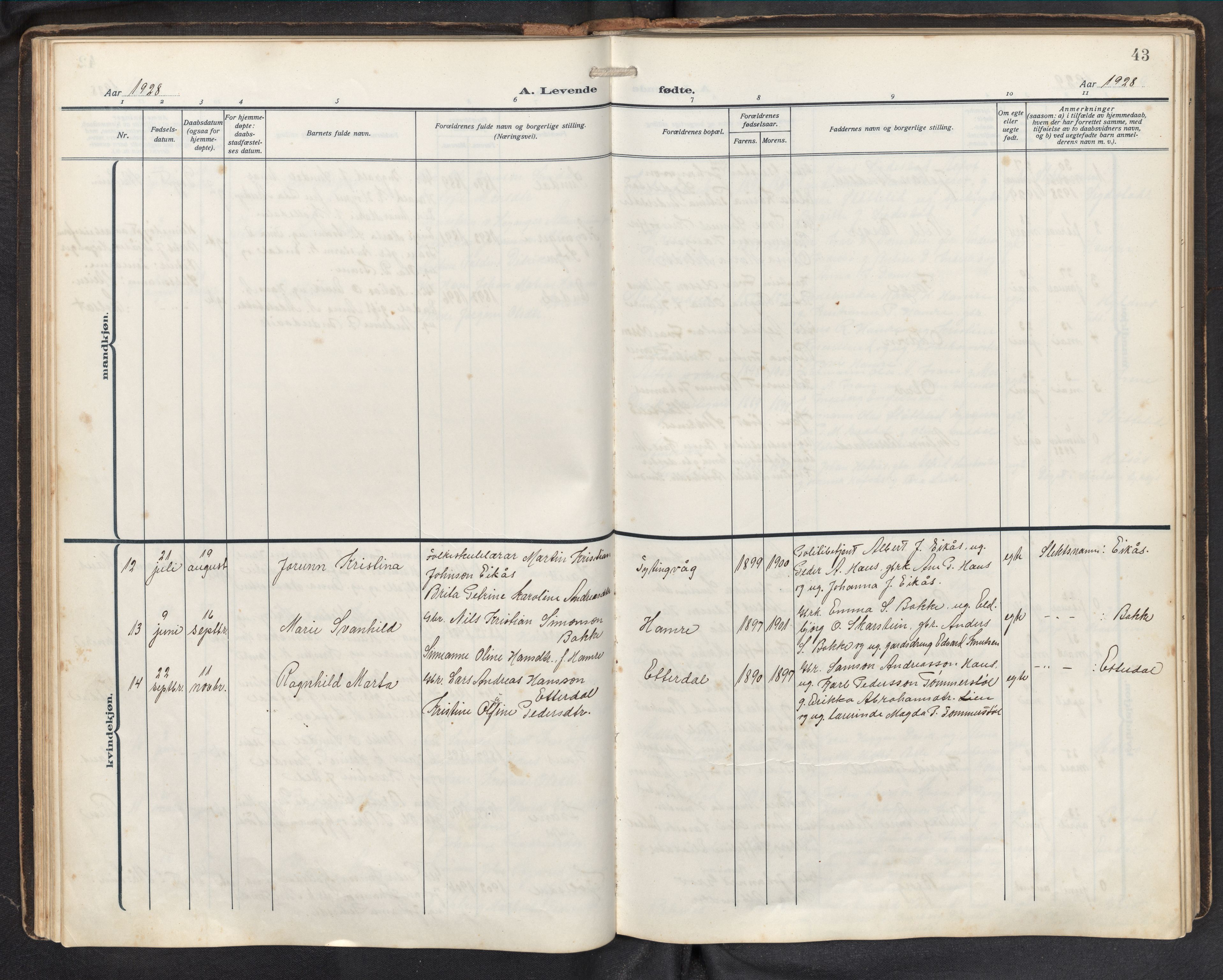 Davik sokneprestembete, AV/SAB-A-79701/H/Hab/Haba/L0003: Parish register (copy) no. A 3, 1912-1947, p. 42b-43a