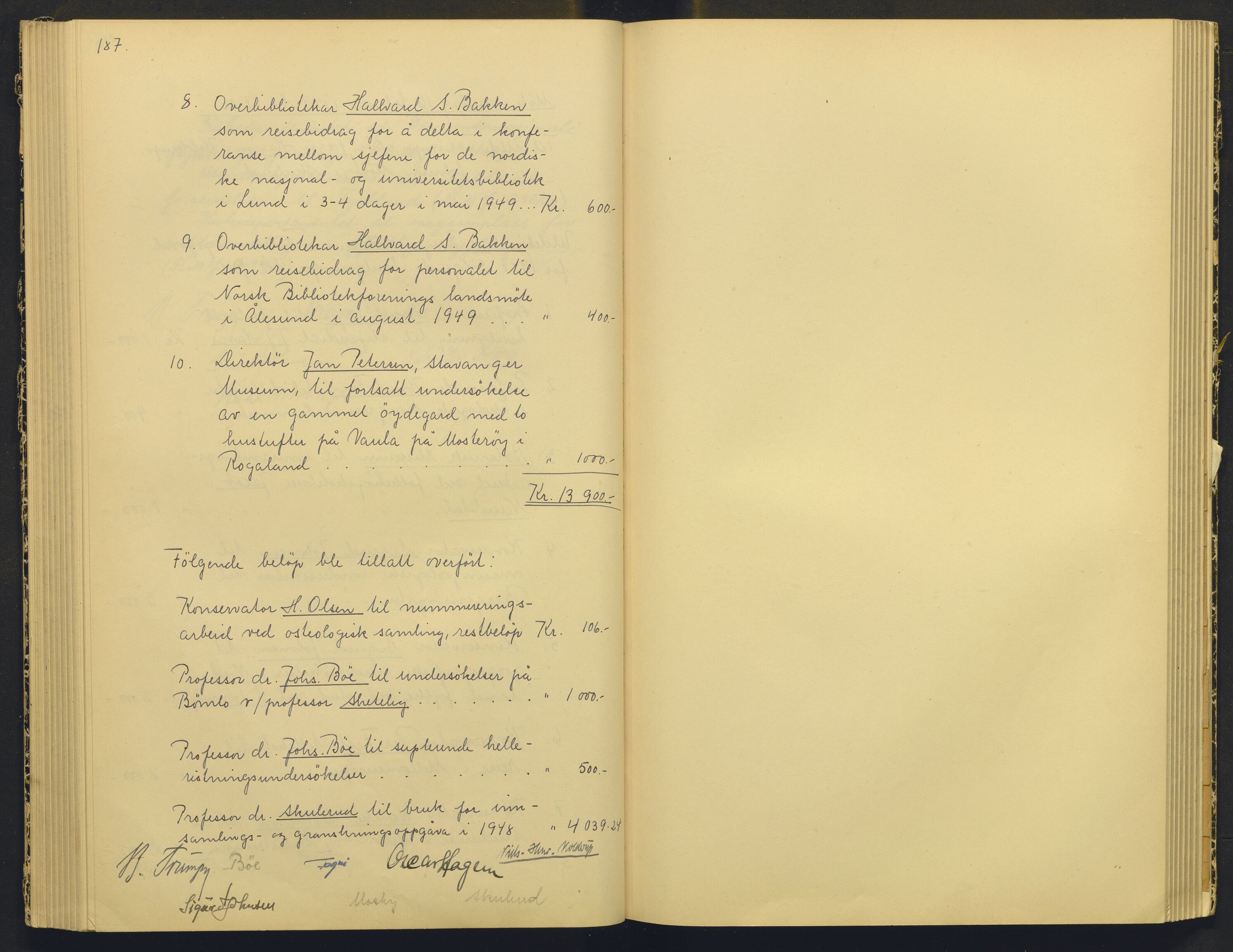 Bergens Museum, AV/SAB-A-17301/18/A/L0004: Professorkollegiets møtebok med register , 1945-1949, p. 187