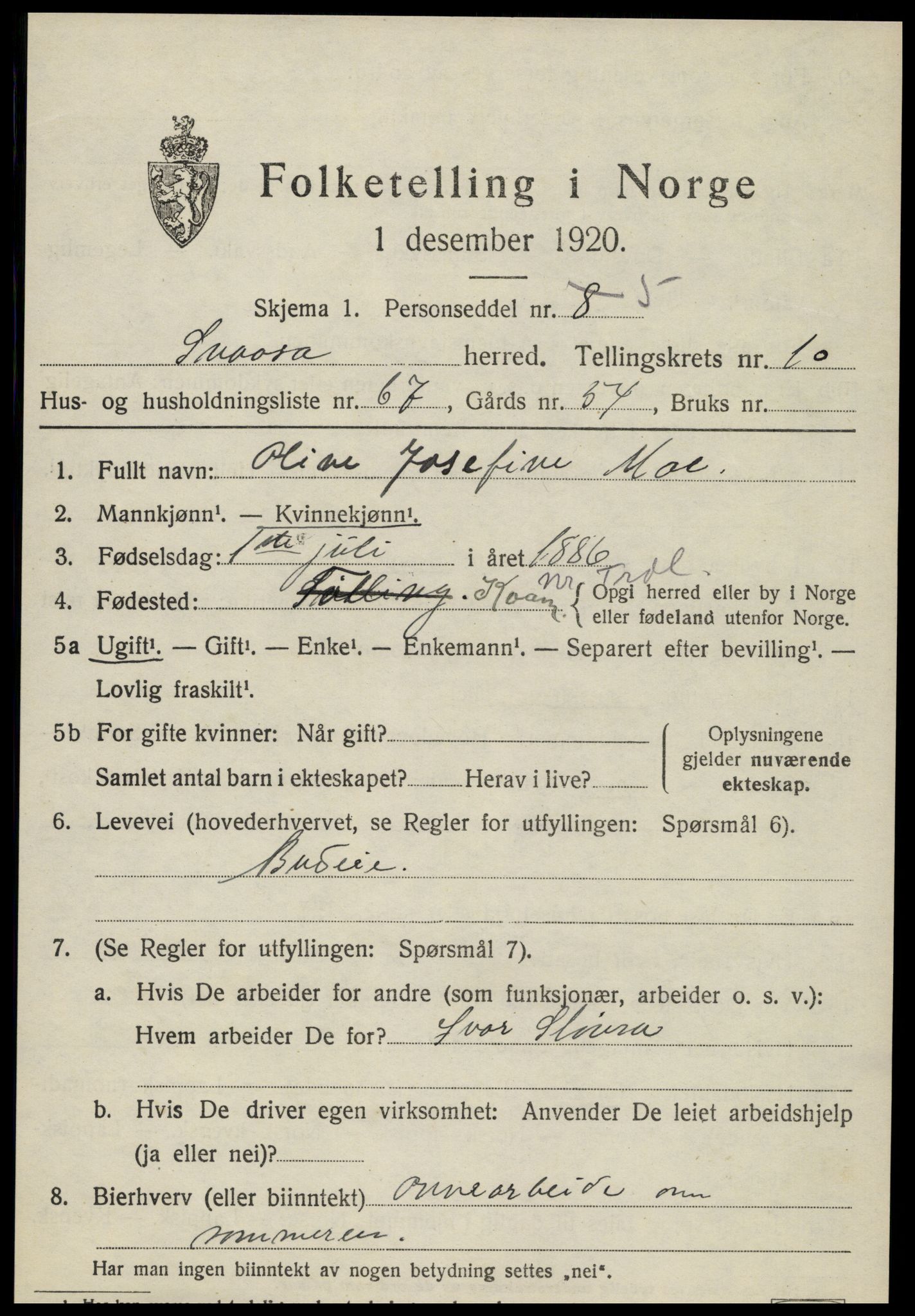 SAT, 1920 census for Snåsa, 1920, p. 4986