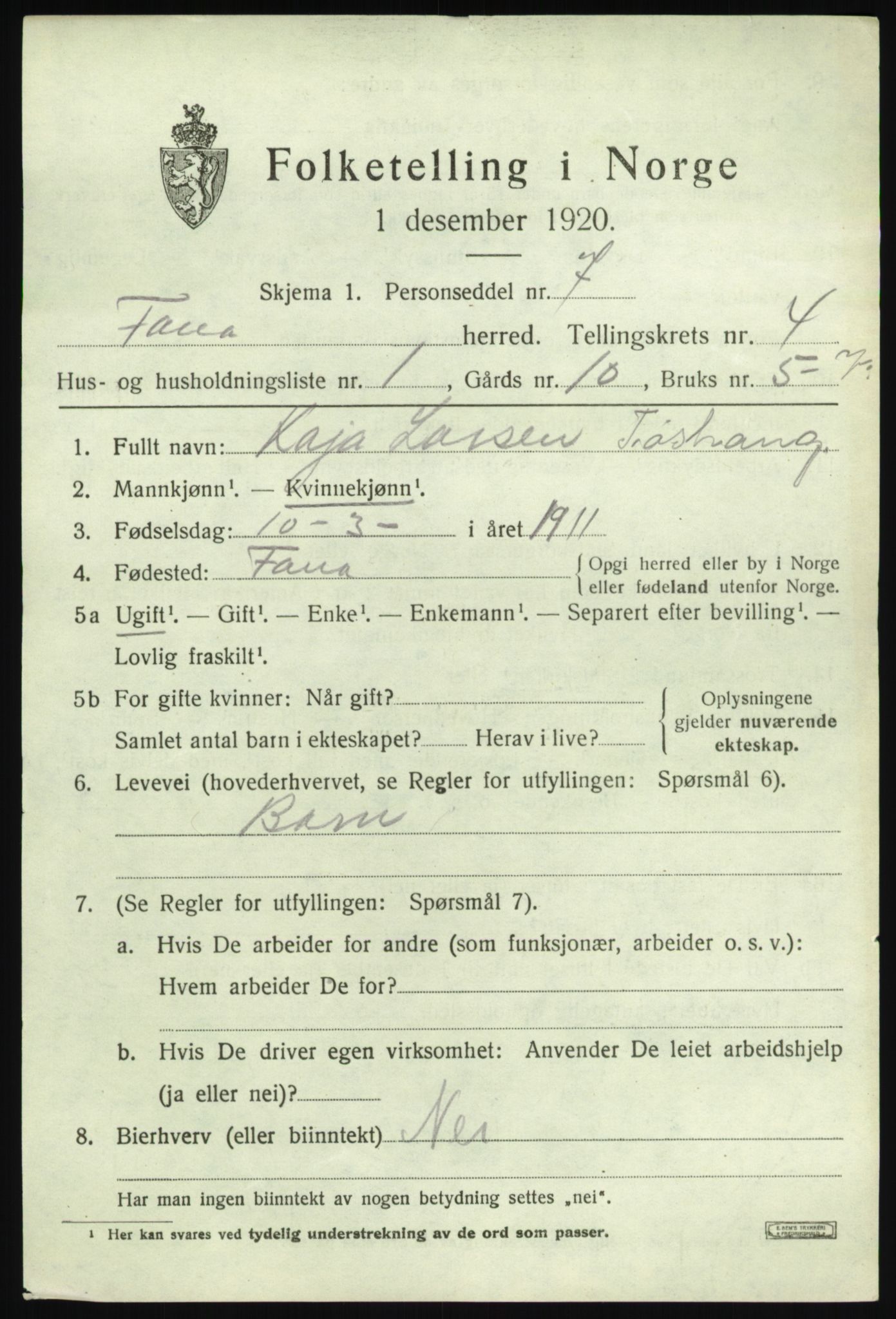 SAB, 1920 census for Fana, 1920, p. 5487