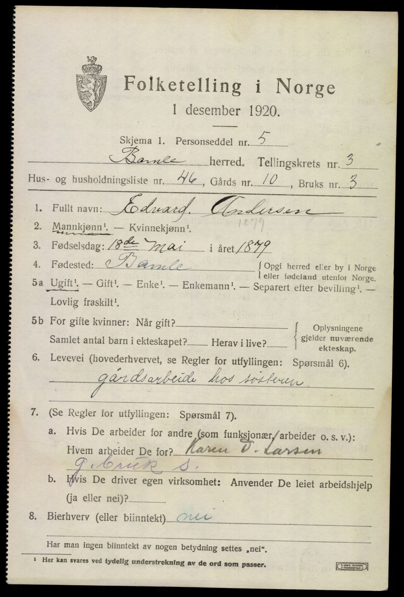 SAKO, 1920 census for Bamble, 1920, p. 4307