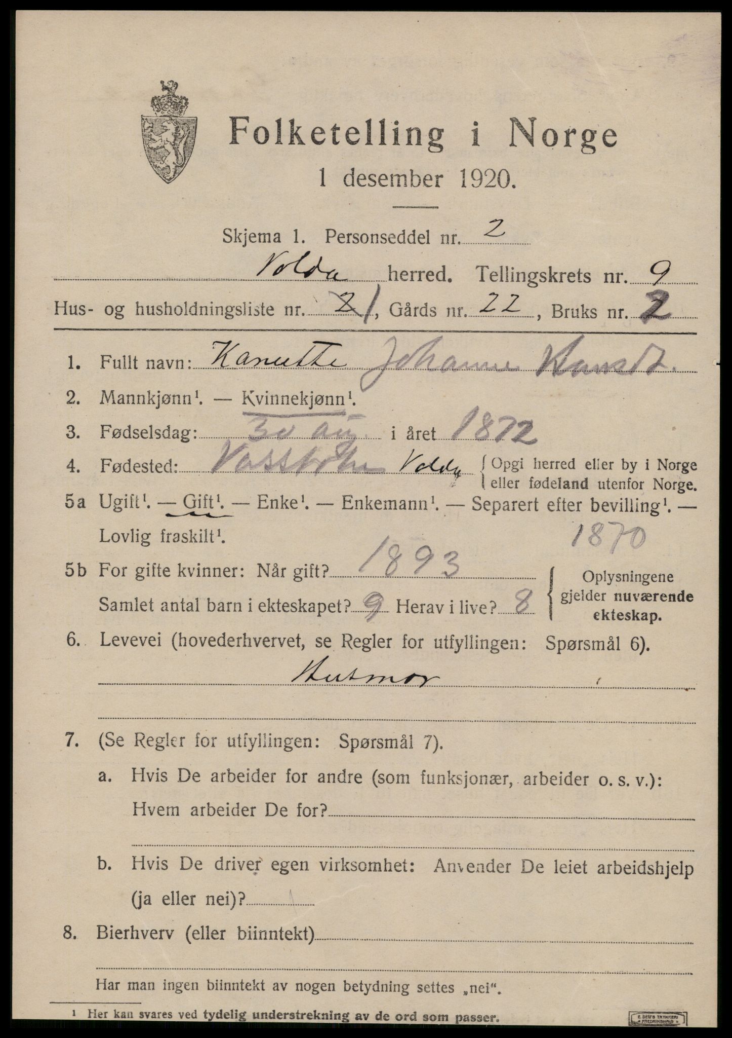 SAT, 1920 census for Volda, 1920, p. 6742