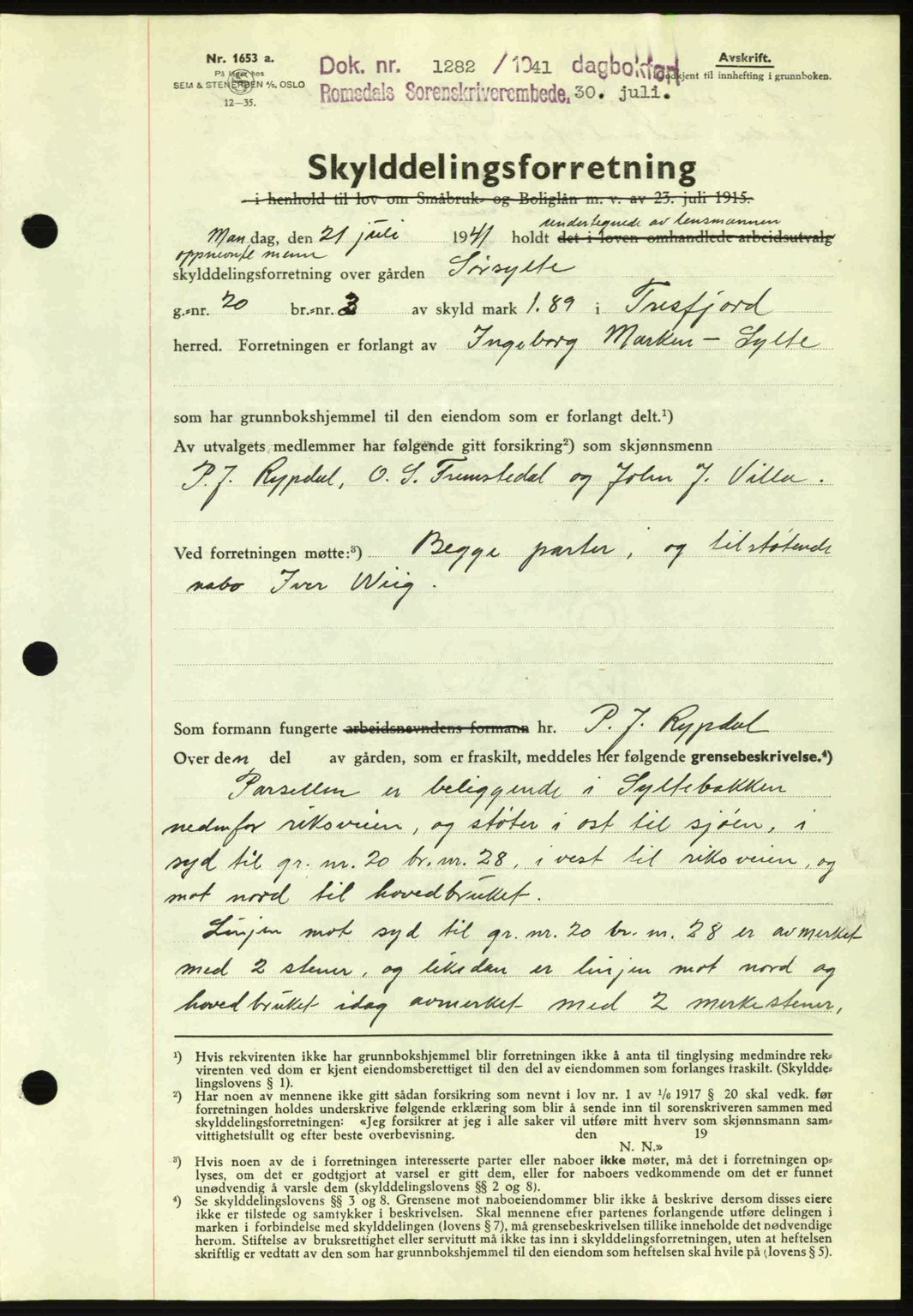 Romsdal sorenskriveri, AV/SAT-A-4149/1/2/2C: Mortgage book no. A10, 1941-1941, Diary no: : 1282/1941