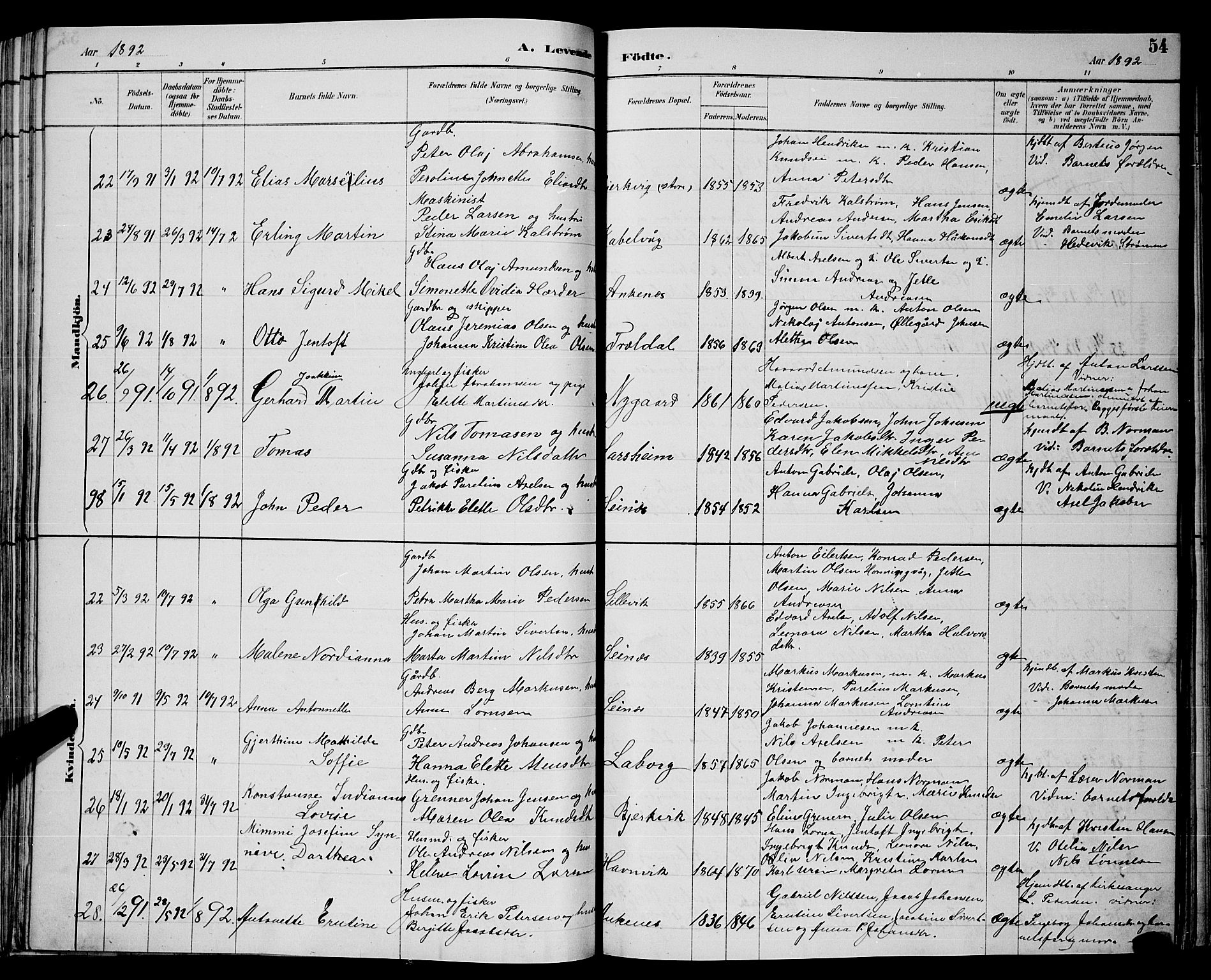 Ministerialprotokoller, klokkerbøker og fødselsregistre - Nordland, AV/SAT-A-1459/866/L0952: Parish register (copy) no. 866C01, 1886-1899, p. 54