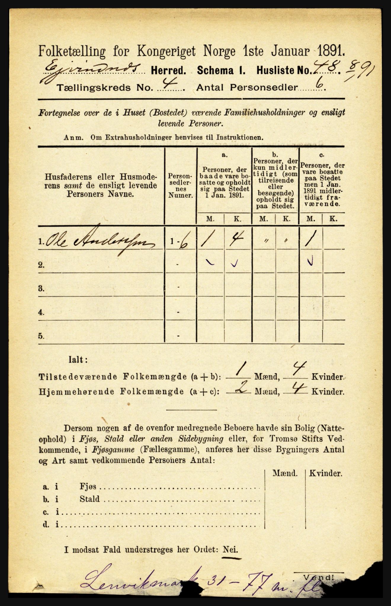 RA, 1891 census for 1853 Evenes, 1891, p. 1223