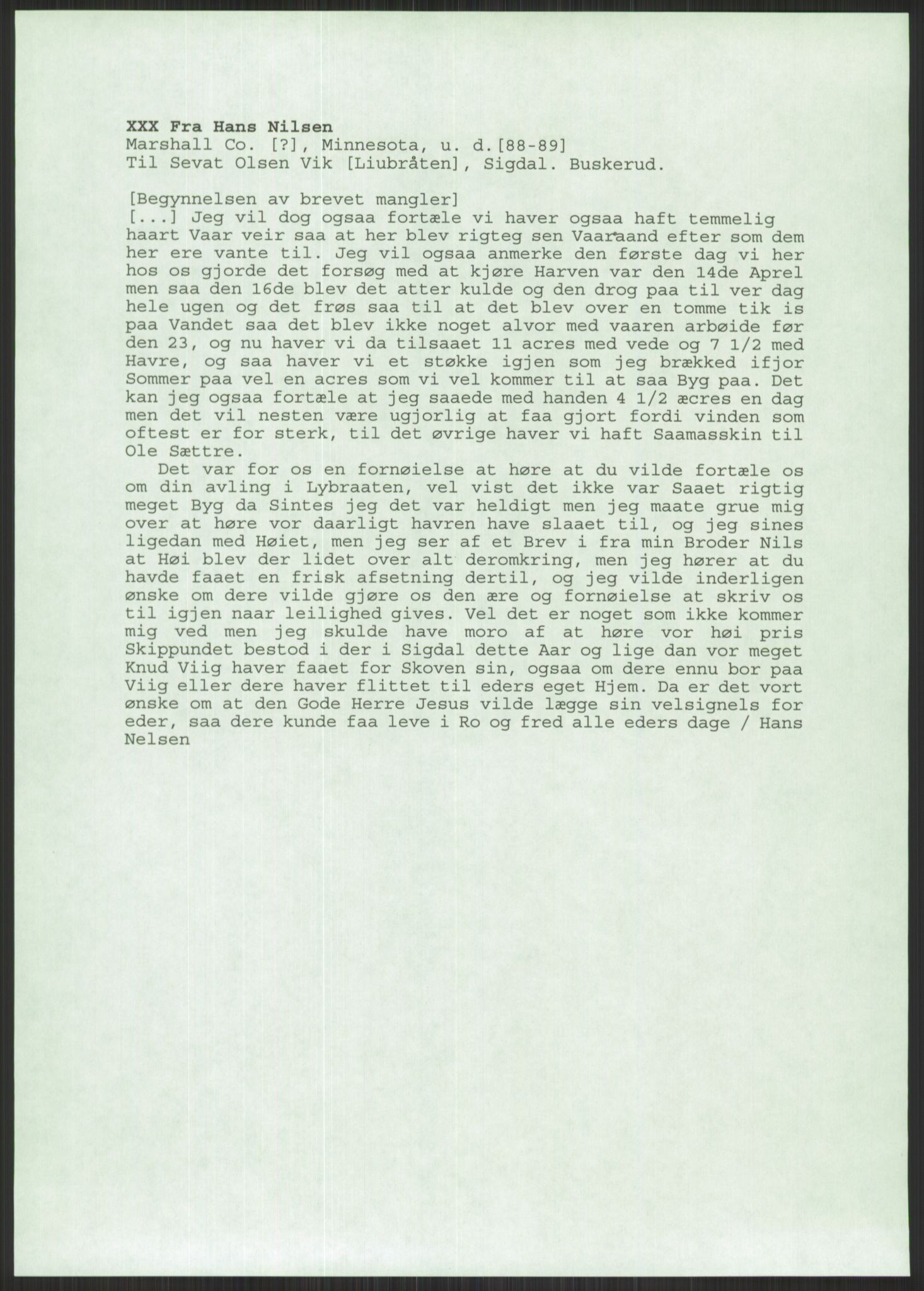 Samlinger til kildeutgivelse, Amerikabrevene, AV/RA-EA-4057/F/L0021: Innlån fra Buskerud: Michalsen - Ål bygdearkiv, 1838-1914, p. 593