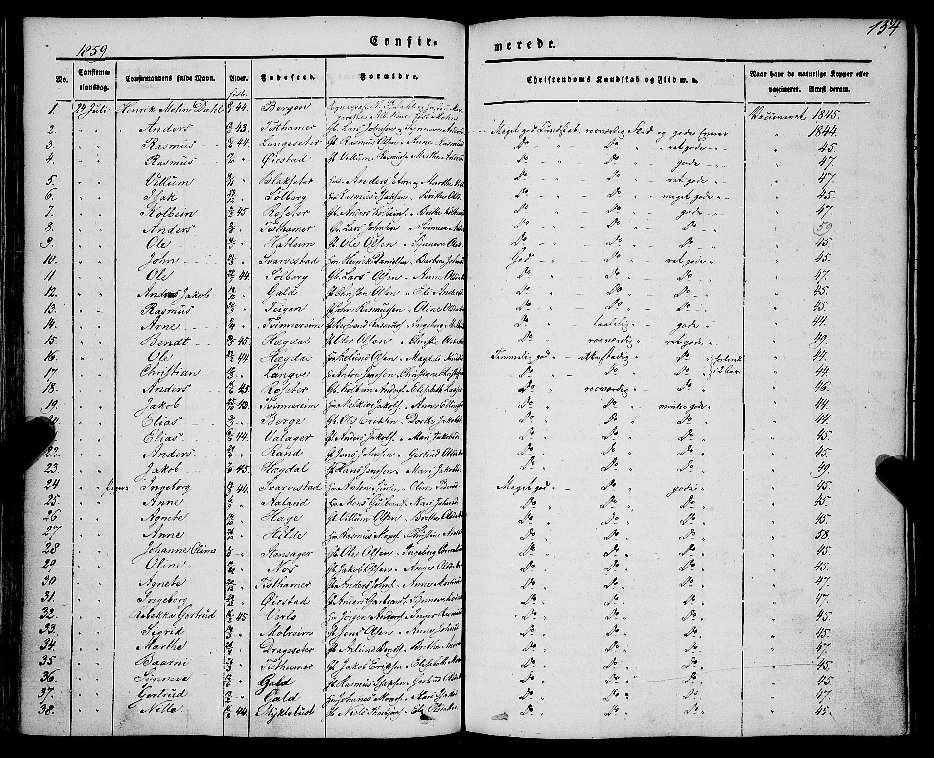 Innvik sokneprestembete, AV/SAB-A-80501: Parish register (official) no. A 5, 1847-1865, p. 154