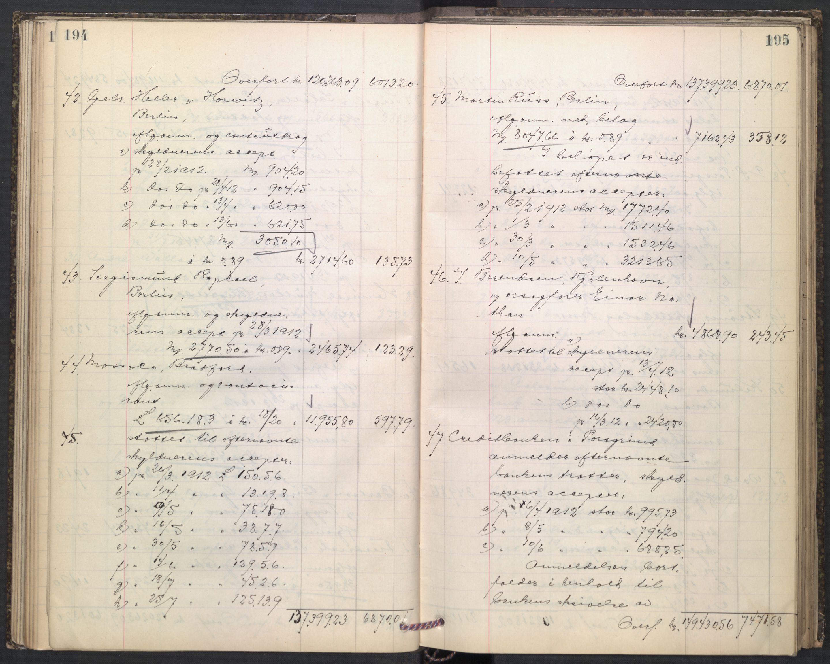 Oslo skifterett, AV/SAO-A-10383/H/Hd/Hdd/L0005: Skifteutlodningsprotokoll for konkursbo, 1913-1915, p. 194-195