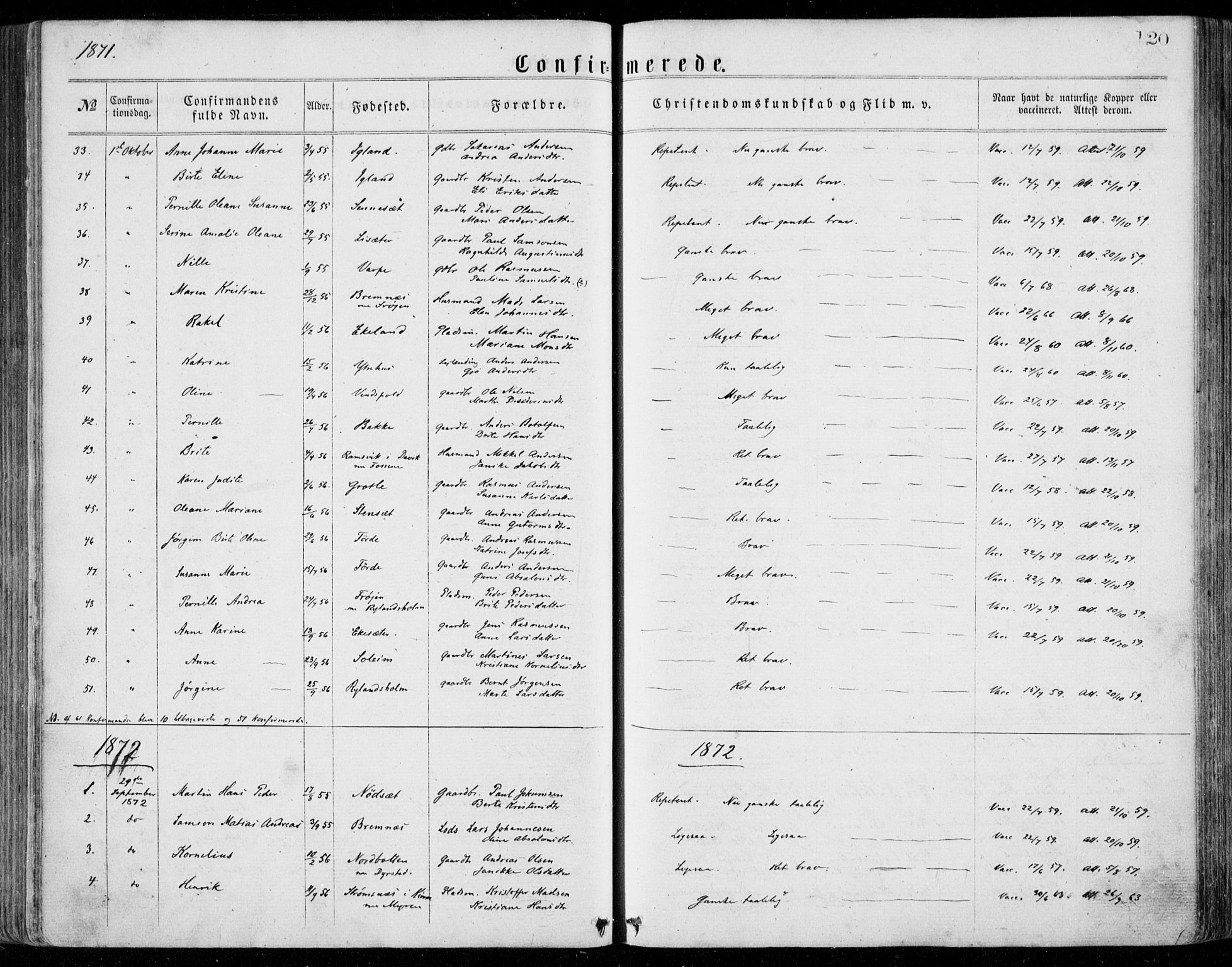 Bremanger sokneprestembete, SAB/A-82201/H/Haa/Haaa/L0001: Parish register (official) no. A  1, 1864-1883, p. 120
