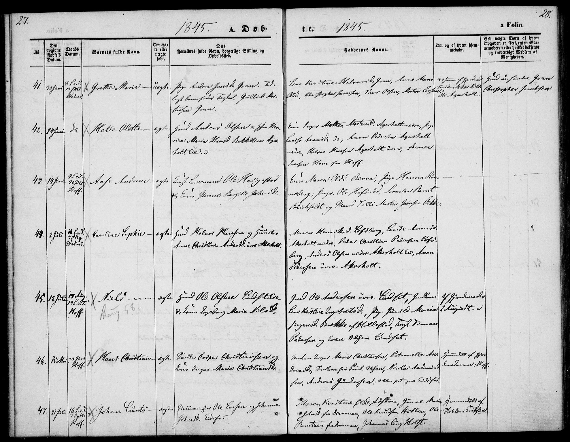 Hof kirkebøker, AV/SAKO-A-64/F/Fa/L0005: Parish register (official) no. I 5, 1844-1851, p. 27-28