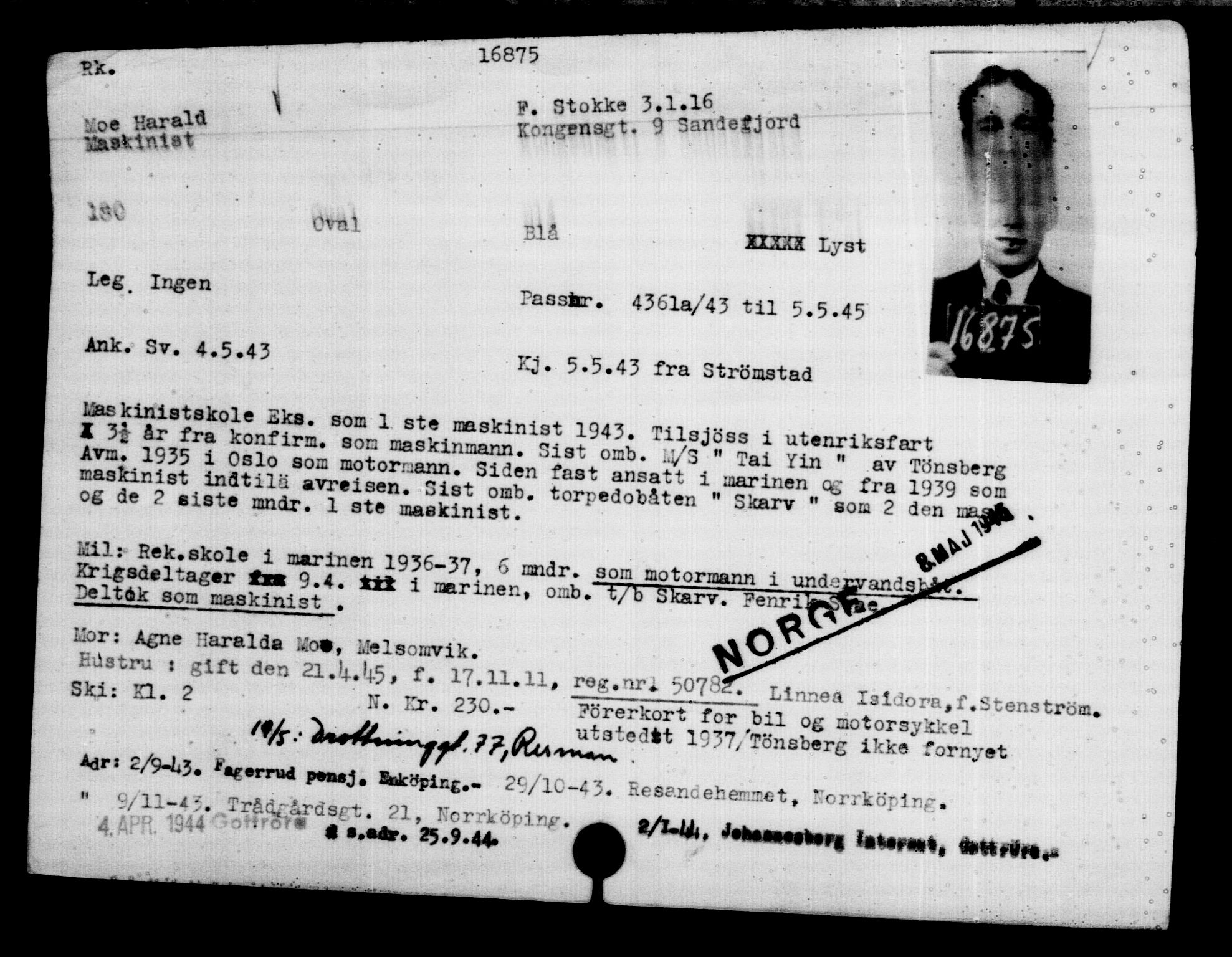 Utenriksstasjonene, Legasjonen i Stockholm, Flyktningkontoret, AV/RA-S-6753/V/Va/L0008: Kjesäterkartoteket, flyktninger med registreringsnr. 15700-18547, 1940-1945, p. 1283