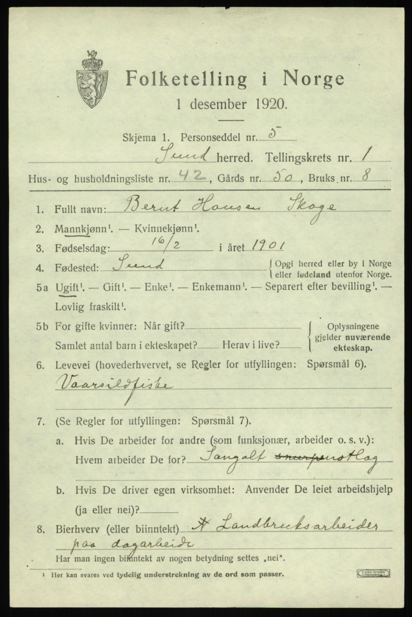 SAB, 1920 census for Sund, 1920, p. 1487