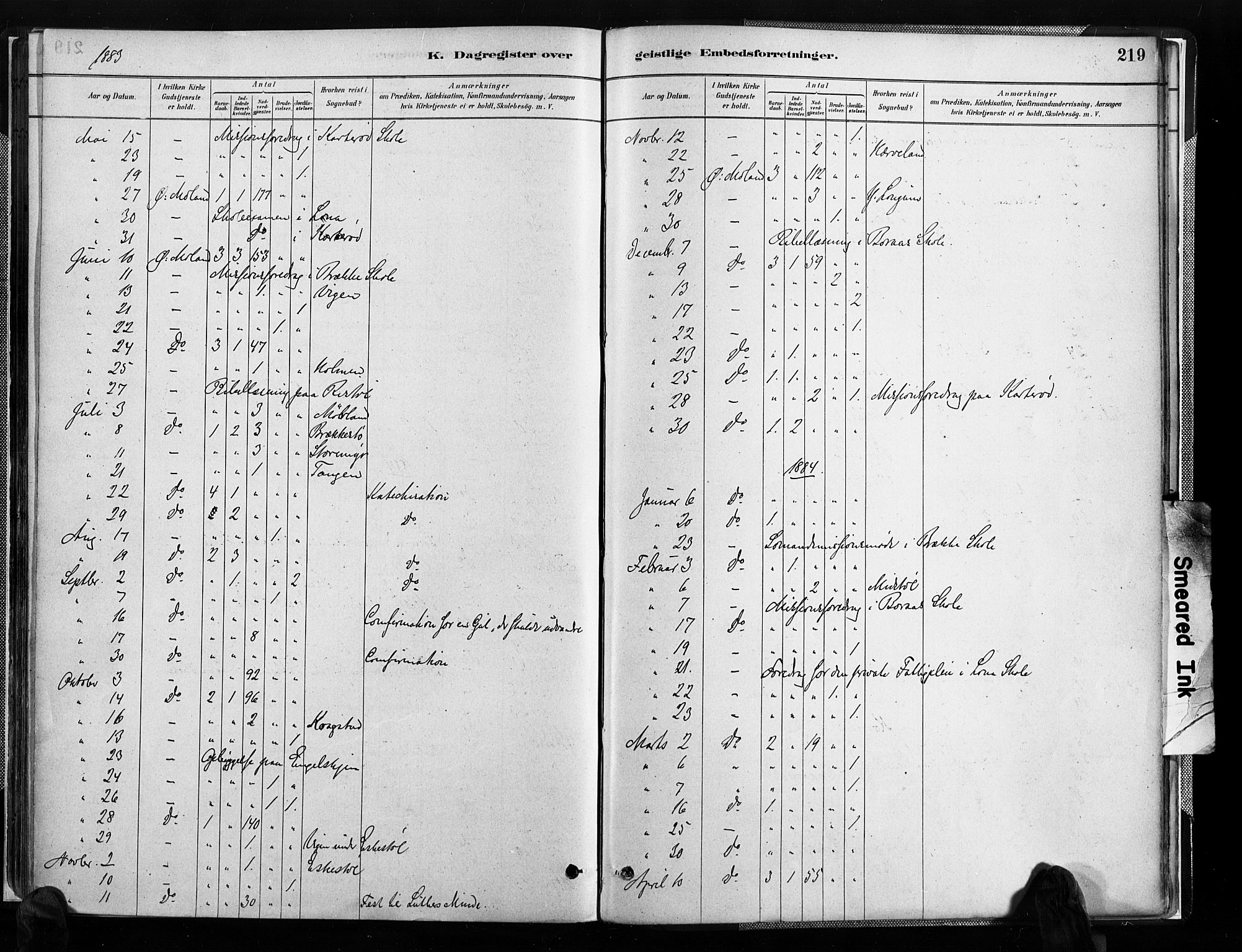 Austre Moland sokneprestkontor, SAK/1111-0001/F/Fa/Faa/L0010: Parish register (official) no. A 10, 1880-1904, p. 219
