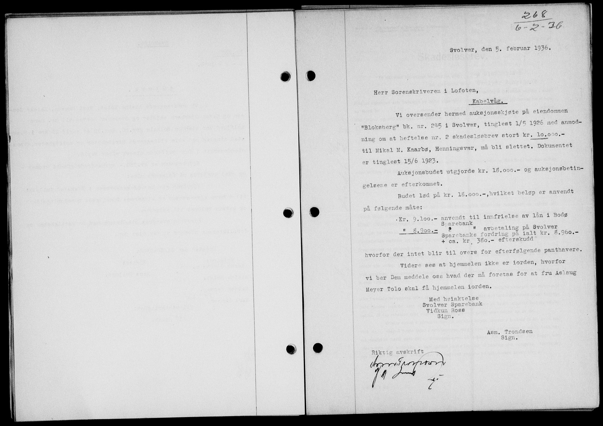 Lofoten sorenskriveri, SAT/A-0017/1/2/2C/L0033b: Mortgage book no. 33b, 1936-1936, Diary no: : 268/1936