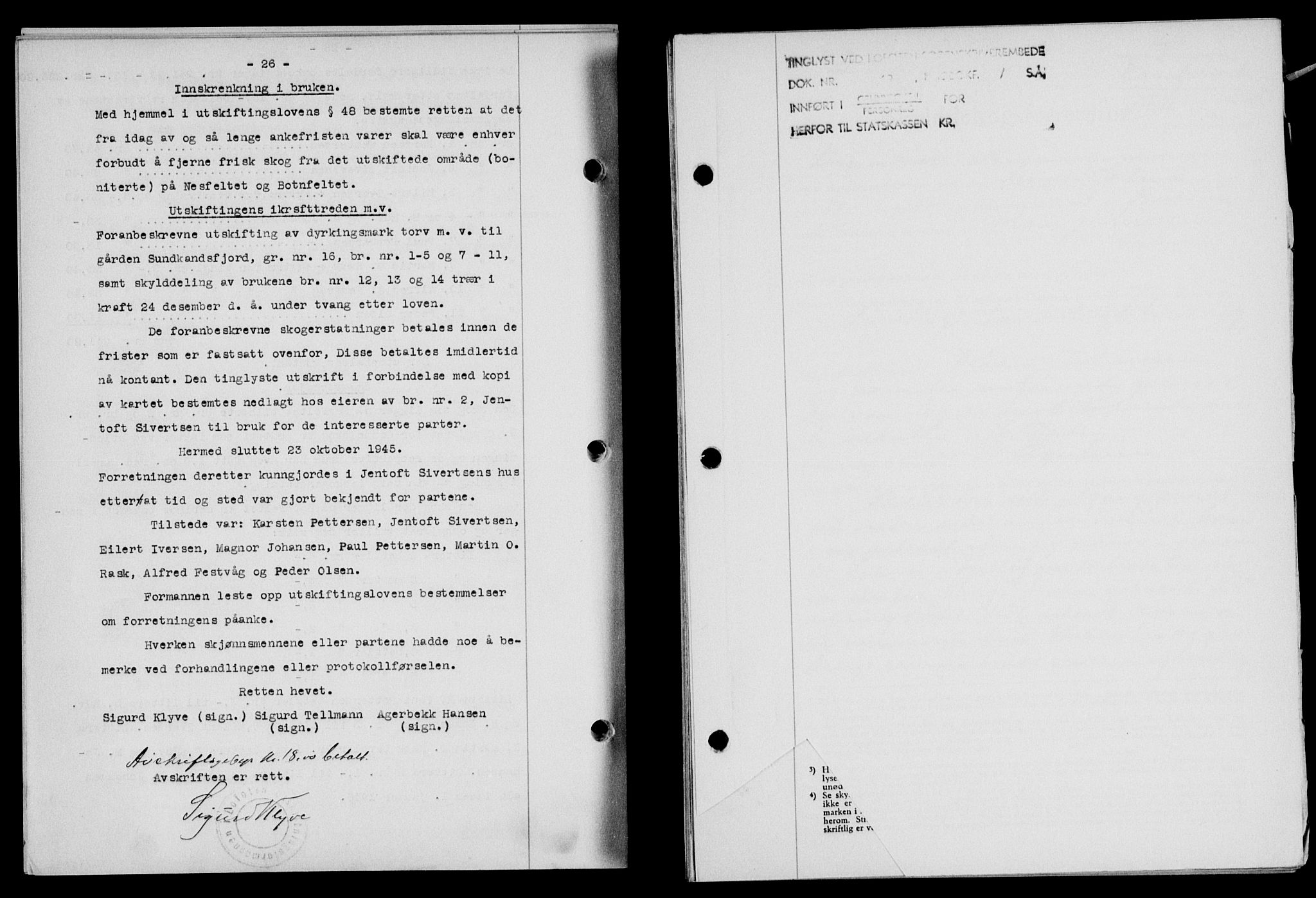 Lofoten sorenskriveri, SAT/A-0017/1/2/2C/L0013a: Mortgage book no. 13a, 1944-1946, Diary no: : 1020/1945