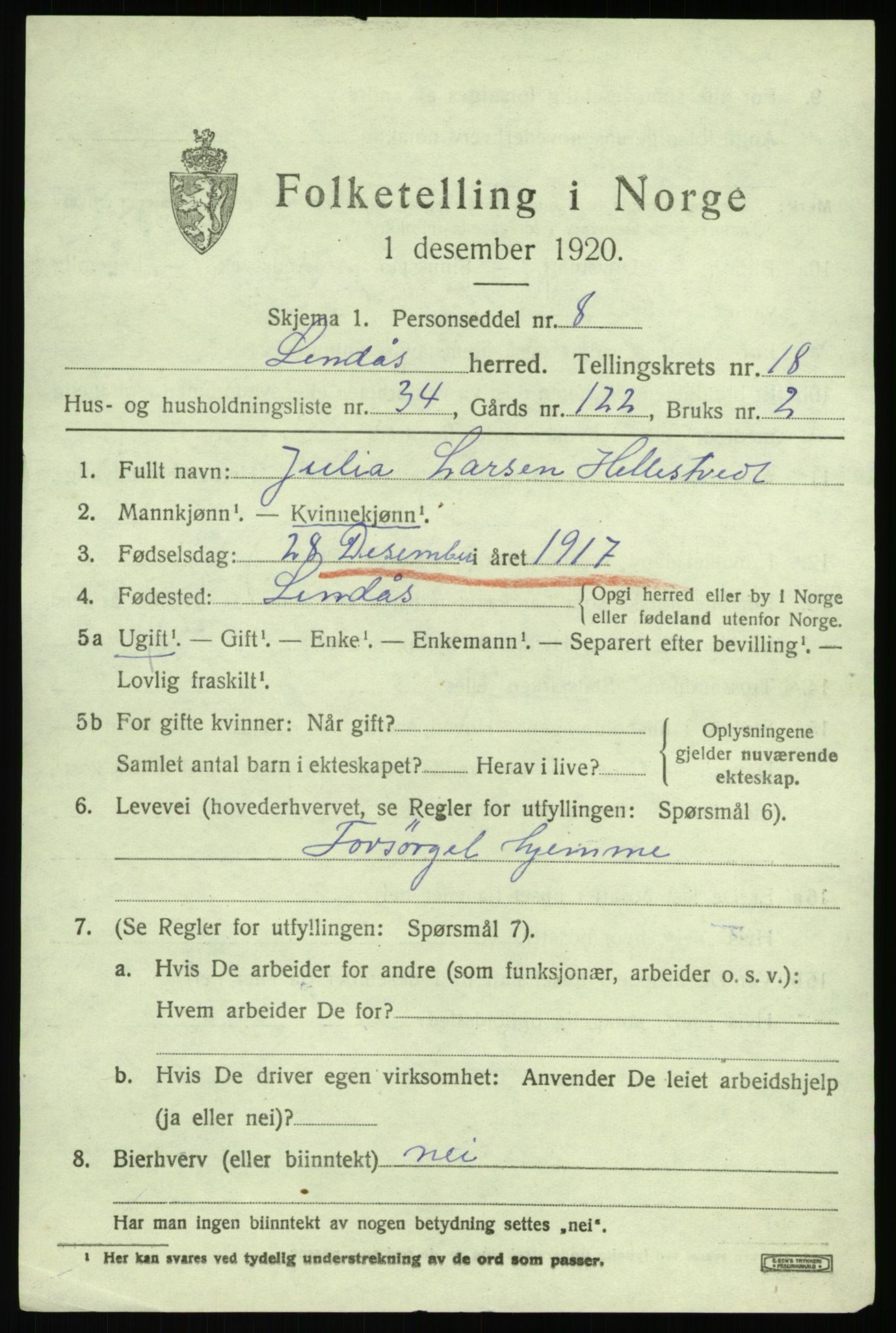 SAB, 1920 census for Lindås, 1920, p. 9679