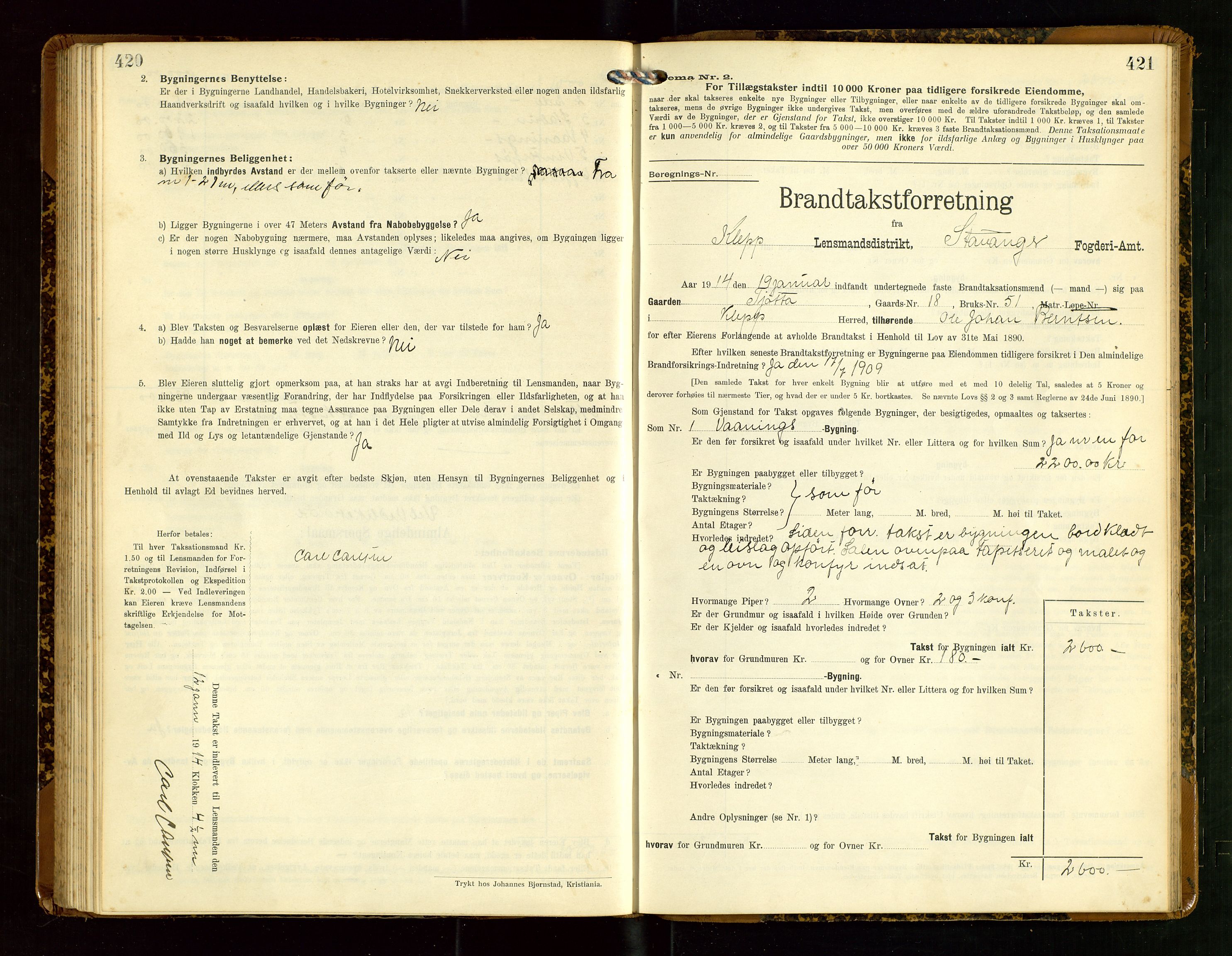 Klepp lensmannskontor, AV/SAST-A-100163/Goc/L0007: "Brandtaxationsprotokol" m/register, 1911-1915, p. 420-421