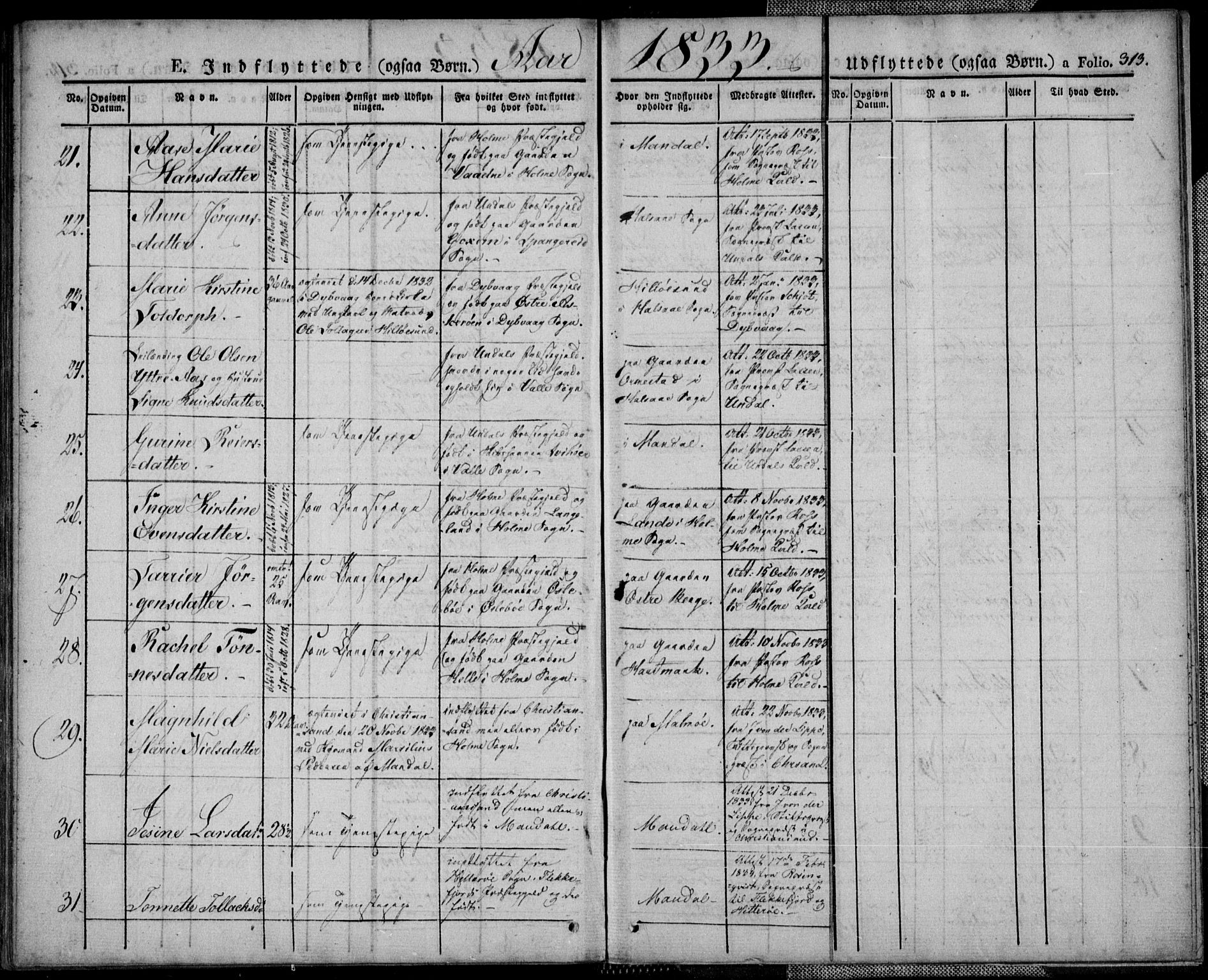 Mandal sokneprestkontor, SAK/1111-0030/F/Fa/Faa/L0011: Parish register (official) no. A 11, 1830-1839, p. 313