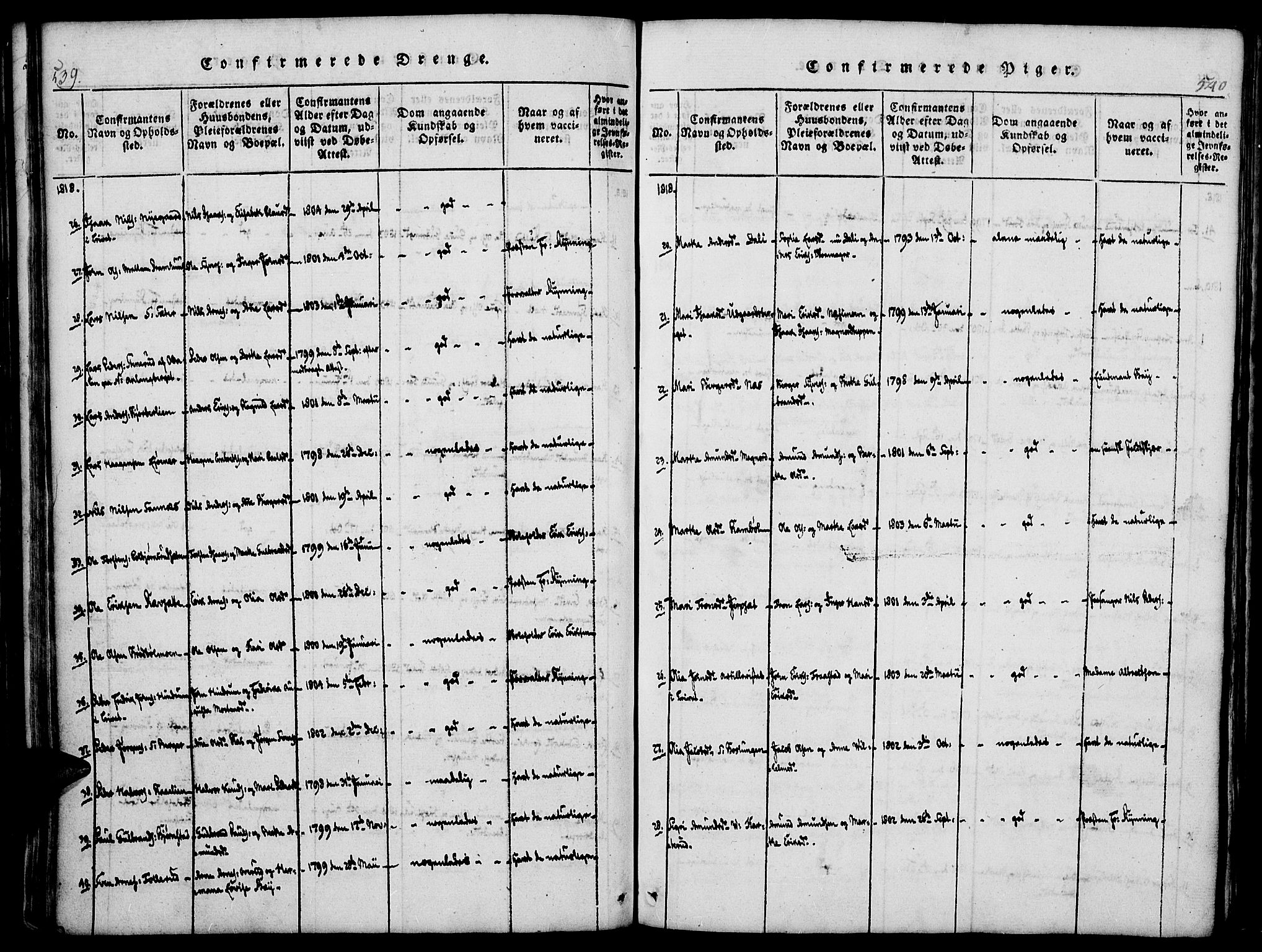 Vinger prestekontor, AV/SAH-PREST-024/H/Ha/Haa/L0006: Parish register (official) no. 6, 1814-1825, p. 539-540