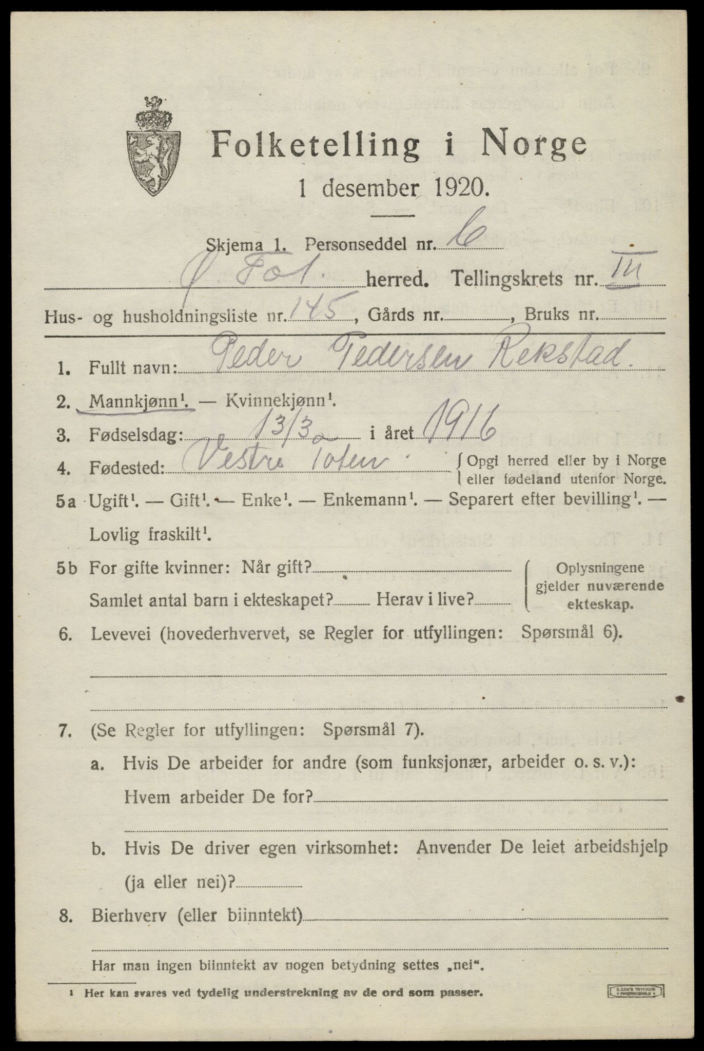 SAH, 1920 census for Østre Toten, 1920, p. 7630