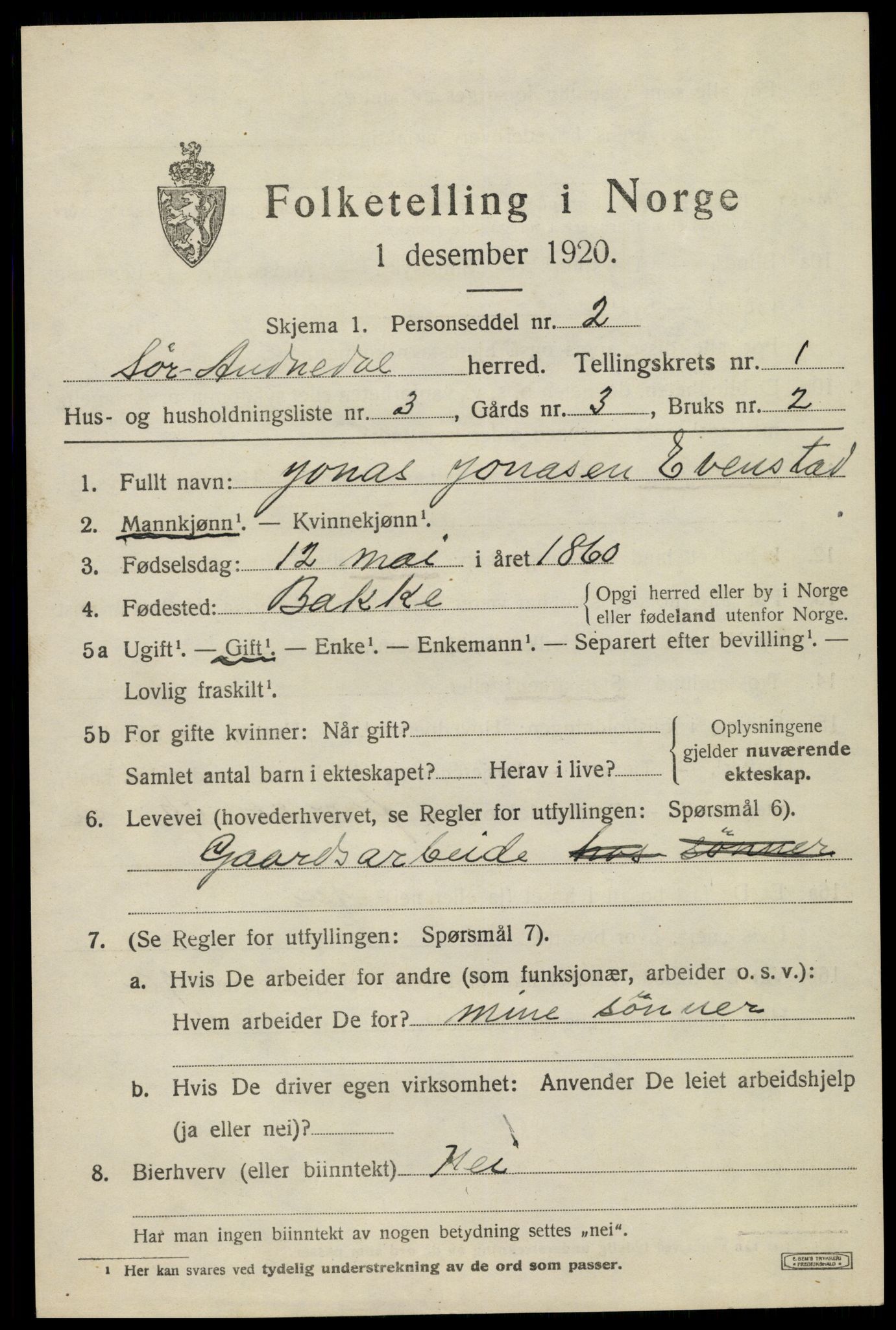 SAK, 1920 census for Sør-Audnedal, 1920, p. 1479